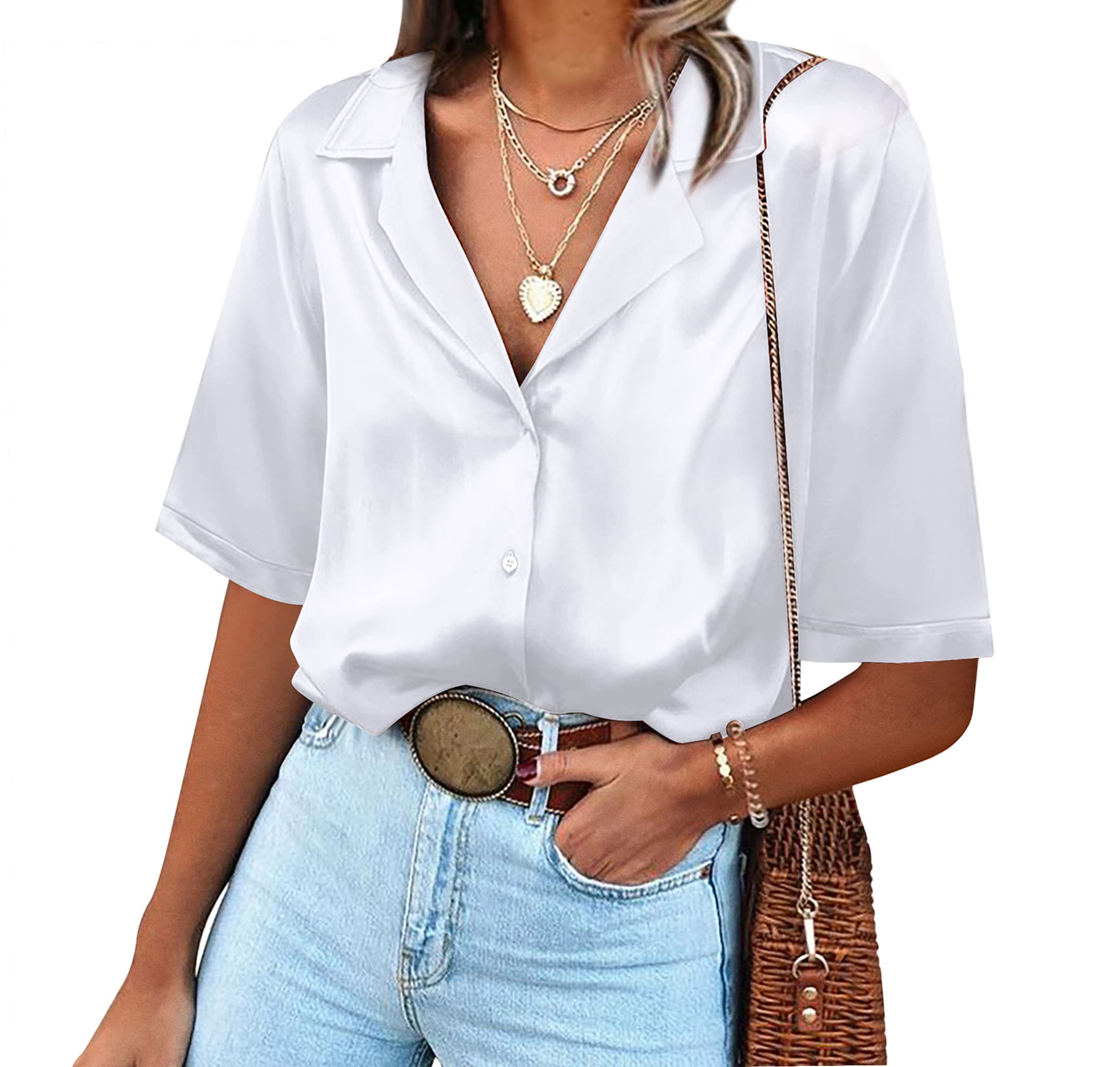 Chigant Women's Short Sleeve Satin Blouse Button Down Tops Casual Office Work Shirt S-XXL