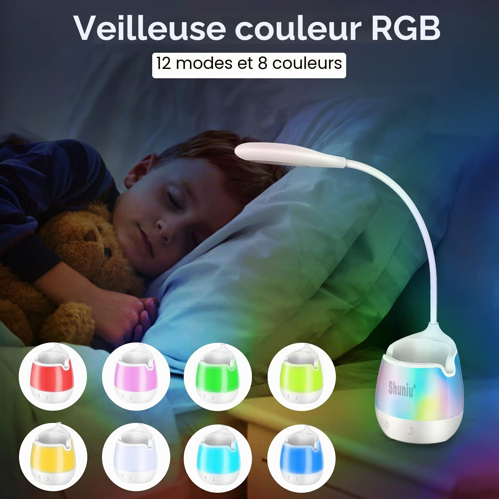 Shuniu Lampe de bureau pour enfants, 20 LED, à intensité variable, avec 3 niveaux de luminosité, RVB 256 couleurs, lampe de chevet et lampe de lecture, lampe de bureau avec support de téléphone