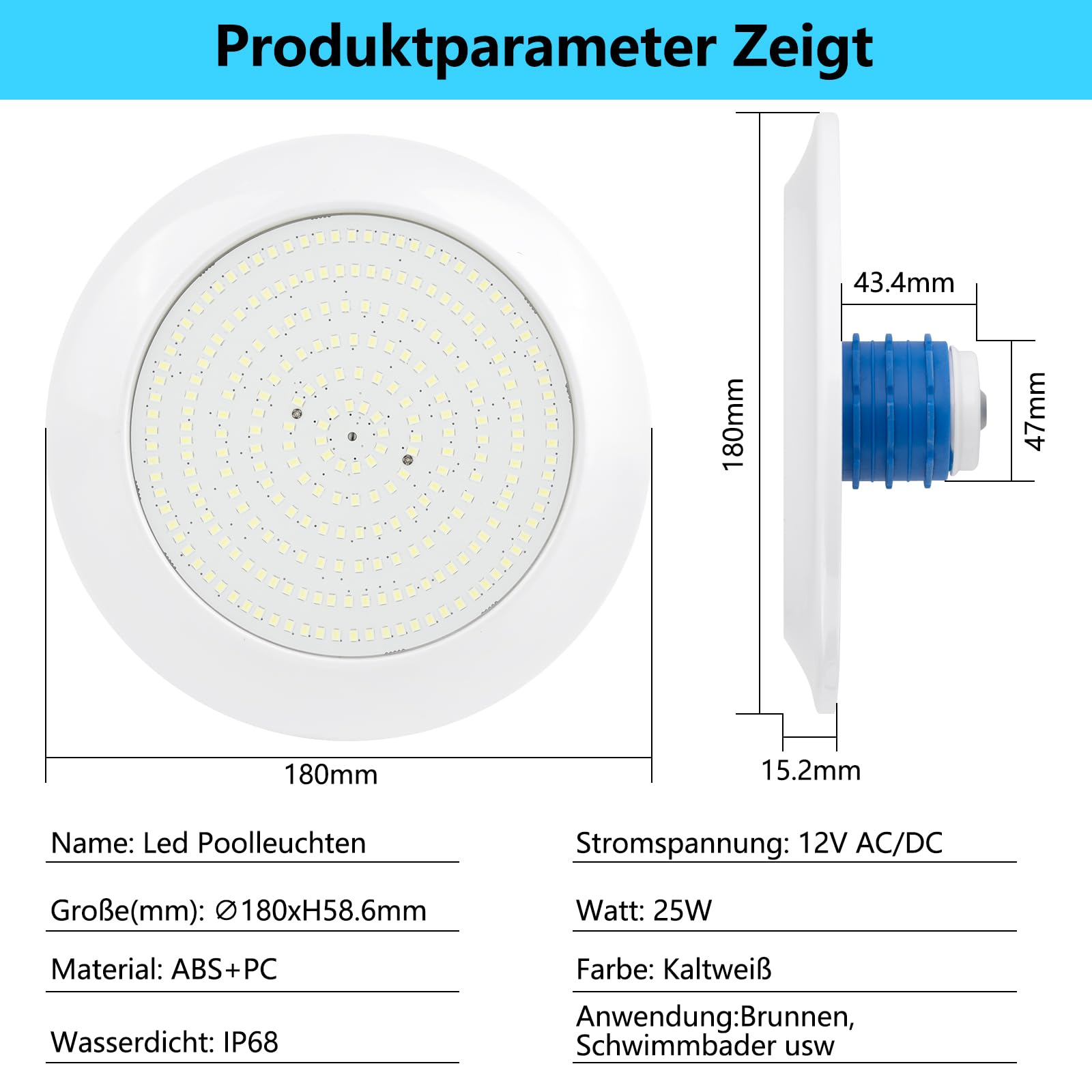 COOLWEST Zimna biel oświetlenie basenowe LED z gwintem zewnętrznym 1-1/2", 25 W, 12 V AC/DC