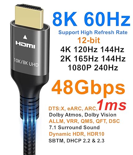 Miniatura 3 de Cable HDMI 10k 8k 4k 3.3 pies, certificado 48Gbps 1ms ultra alta velocidad HDMI 2.1 cable 4k 120Hz 144Hz 10k 8k 60Hz 444 12bit eARC DTSX Dolby Atmos