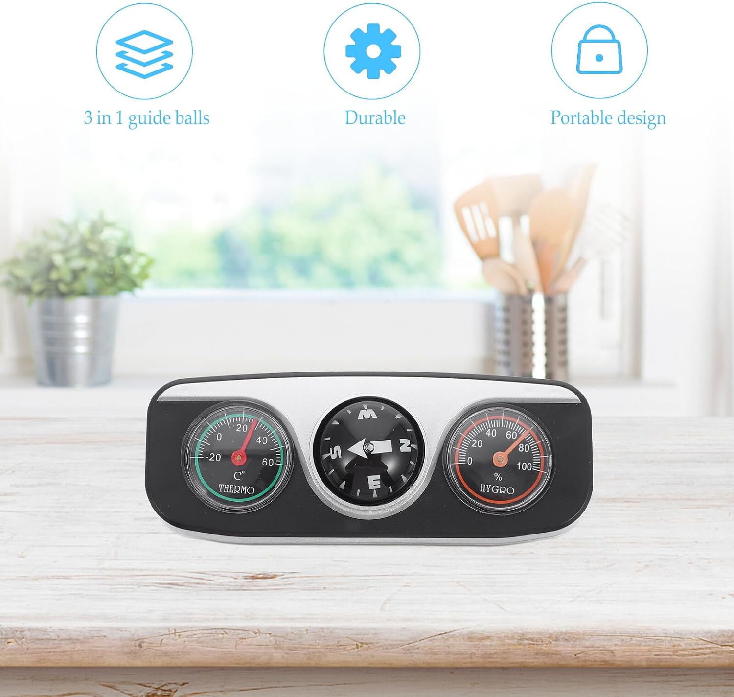 ULTECHNOVO Car Thermometer Compass with Dash Mount, Multifunctional Auto Hygrometer Compass for Vehicle Navigation, Black Directional Guide Ball for Cars and Trucks