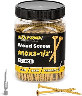 Wood Screws 3-1/2 Inch, FIXLINK Deck Screws #10 x 3-1/2", 105 PCS, Epoxy Coated, T25 Star Bit Above 1500 Hour Salt Spray Coating Outdoor Decking Screws Excellent Rust Resistant for Wood Fence, Tan