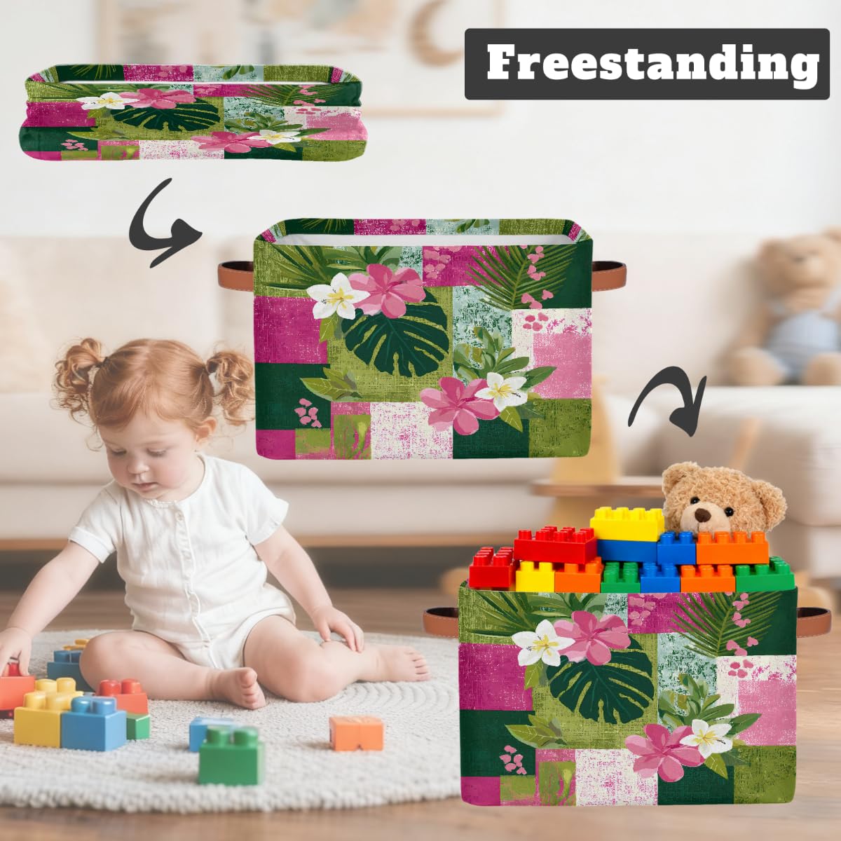 Rechteckiger Aufbewahrungskorb mit tropischen Hibiskus- und Plumeria-Blättern, mit Ledergriffen, faltbarer Stoff-Aufbewahrungskorb für Schrank, Badezimmer, Wohnzimmer, Büro, Spielzeug, Organizer