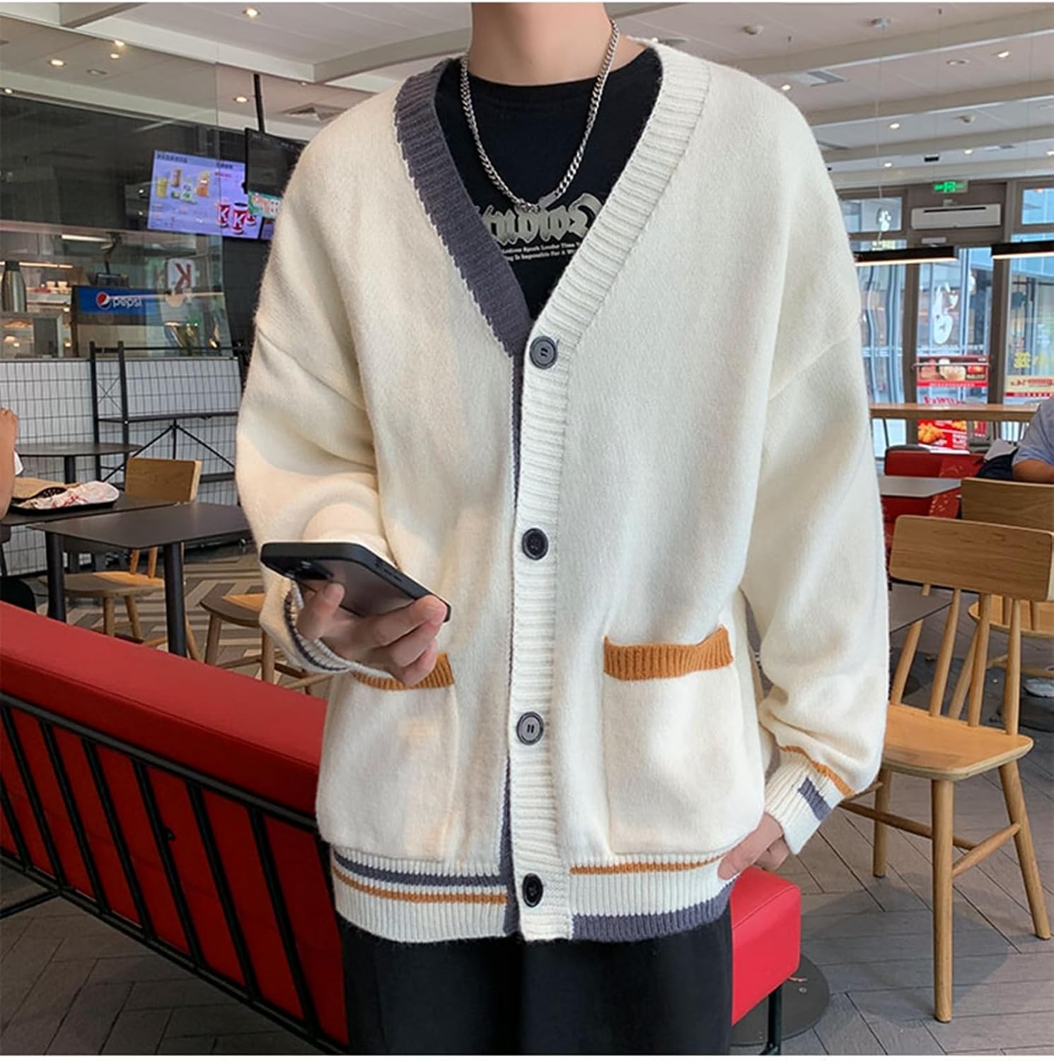 [WOOYOO] メンズ ニット カーディガン フェイクレイヤード セーター 重ね着風 ポケット ショール ゆったり カジュアル ス