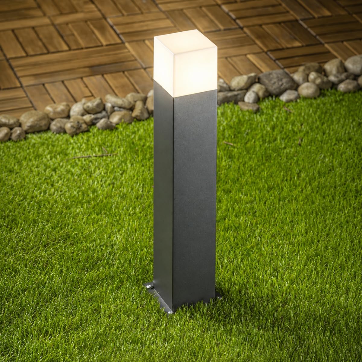 CGC Lighting Dark Grey Square Cube Post Bollard Outdoor Outside Light Pathway Driveway Garden Entrance Monochrome Modern (Medium Post Light)