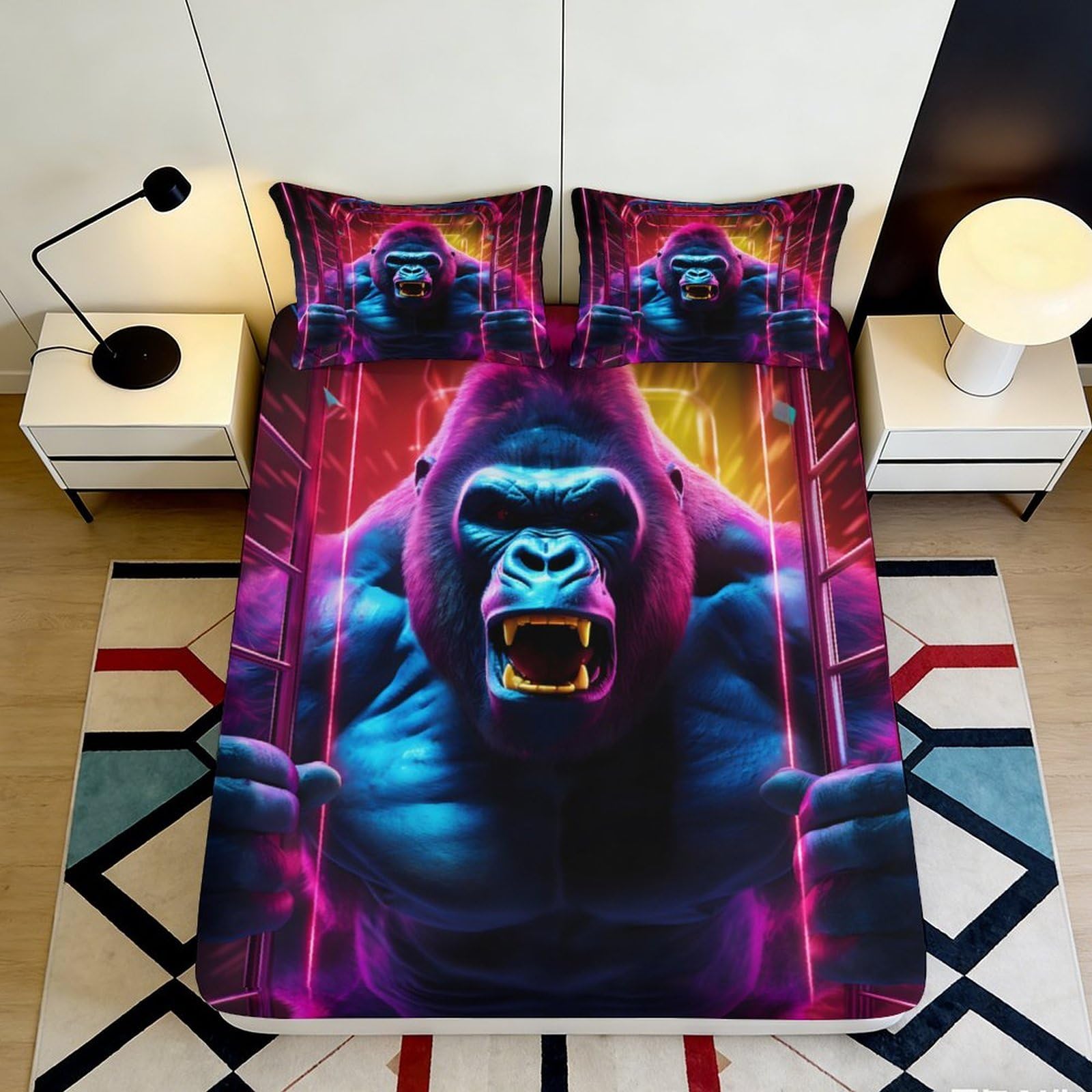 3D Printed Cool Gorilla Fitted Sheet Microfiber Deep Pocket Non-Slip Youth Adult Bedroom Gorilla Mattress Fitted Cover Washable Elastic 180x200x25cm