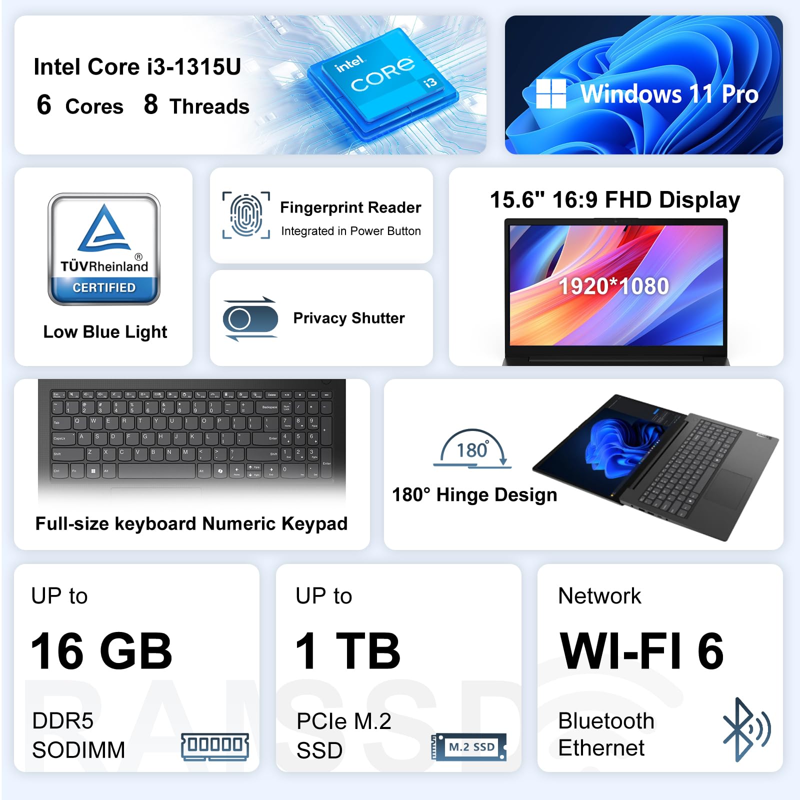 Lenovo V15 Gen 5 15.6" FHD Business Laptop, 12GB DDR5 RAM, 512GB di archiviazione, Intel Core i3 6-core CPU, W11 Pro, Ethernet RJ-45, AI Copilot Key, Webcam w/Shutter, Security Chip Discrete TPM 2.0