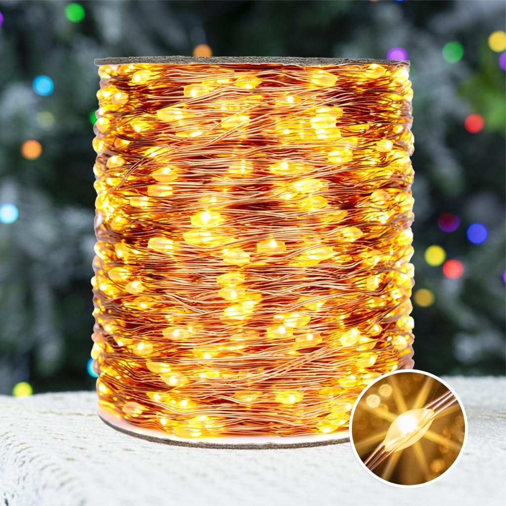 Steckdosen-Lichterkette, 120 m, 1200LEDs, warmweiß, Kupferkabel, mit Fernbedienung, Innen- und Außenbereich, Lichterkette für Schlafzimmer, Wohnzimmer, Terrasse, Veranda, Garten, Weihnachtsbaum