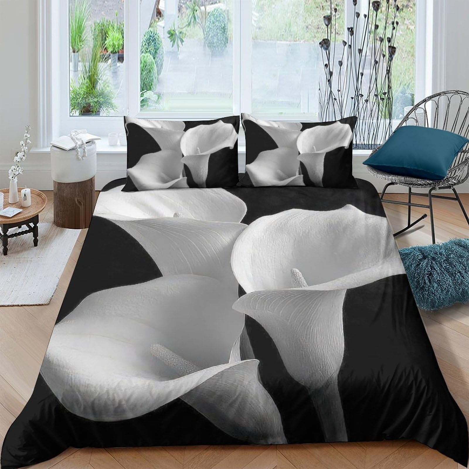 Ctjqhvkz Style-10 3D Printed White Calla Lily Fitted Sheet Microfiber Soft Black Floral Bed Sheet For Bedroom Guest Room Decor Single（135X200cm）