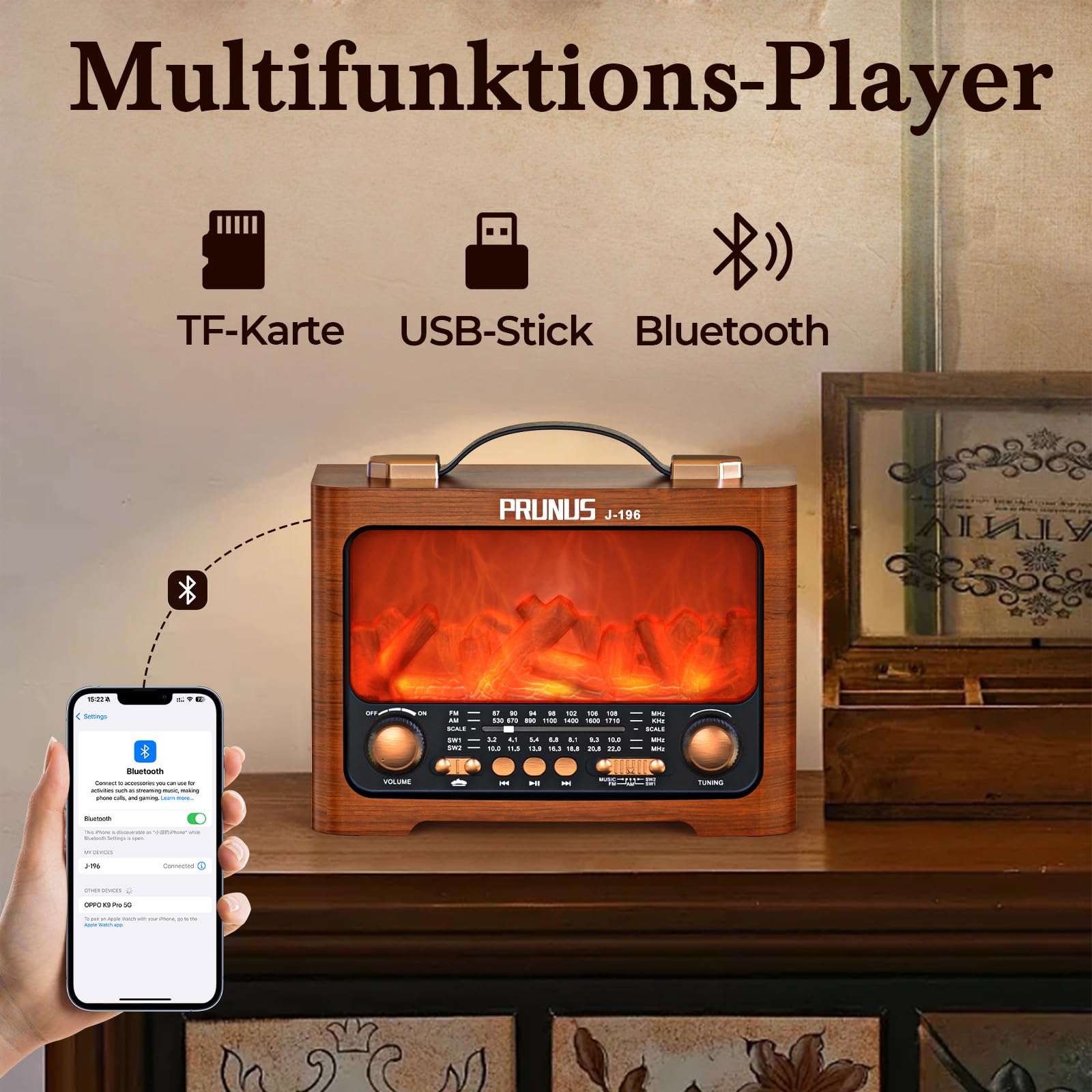 PRUNUS J-196 AM/FM/SW Retro Radio mit Bluetooth | Nostalgie Radio mit Akku 1800mAh | Transistorradio Küchenradio für Zuhause | Flammen-LED | USB/TF Slot | großem 8W-Lautsprecher | Vintage-Dekoration