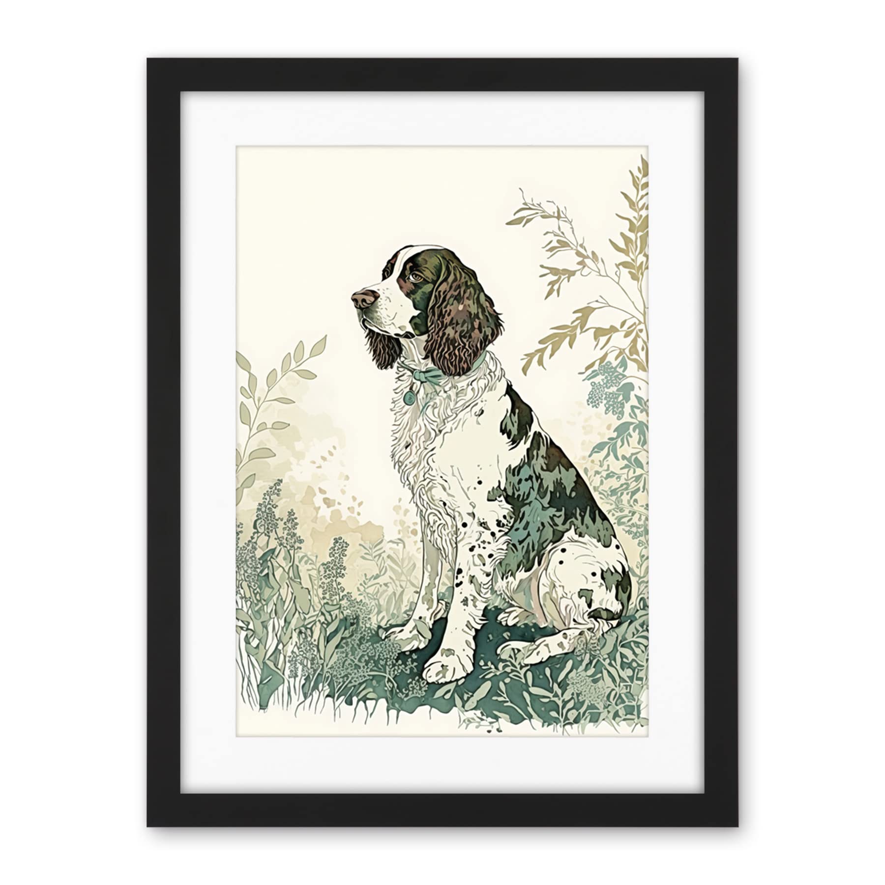 Artery8 English Springer Spaniel Dog in Field Modern Pastel Watercolour Illustration Artwork Framed Wall Art Print 18X24 Inch