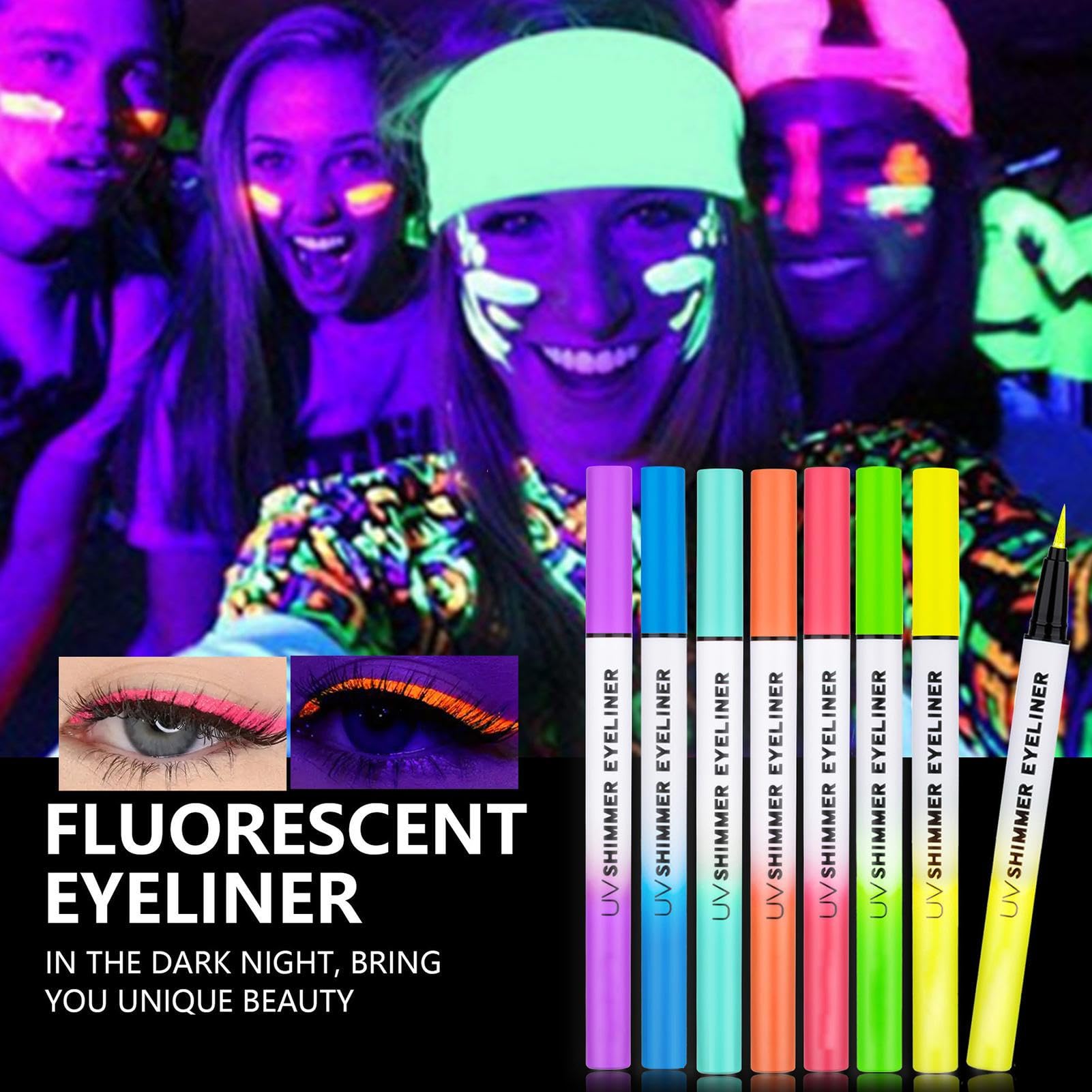 Eyeliner Fosforescenti Penna Trucco Eyeliner Gel Liquido Naturale Brillante | Occhi Impermeabile con Glitter e Tratto Liscio Set Donna 6 Pezzi per Performance Live, Dance, Quotidiano, Festa