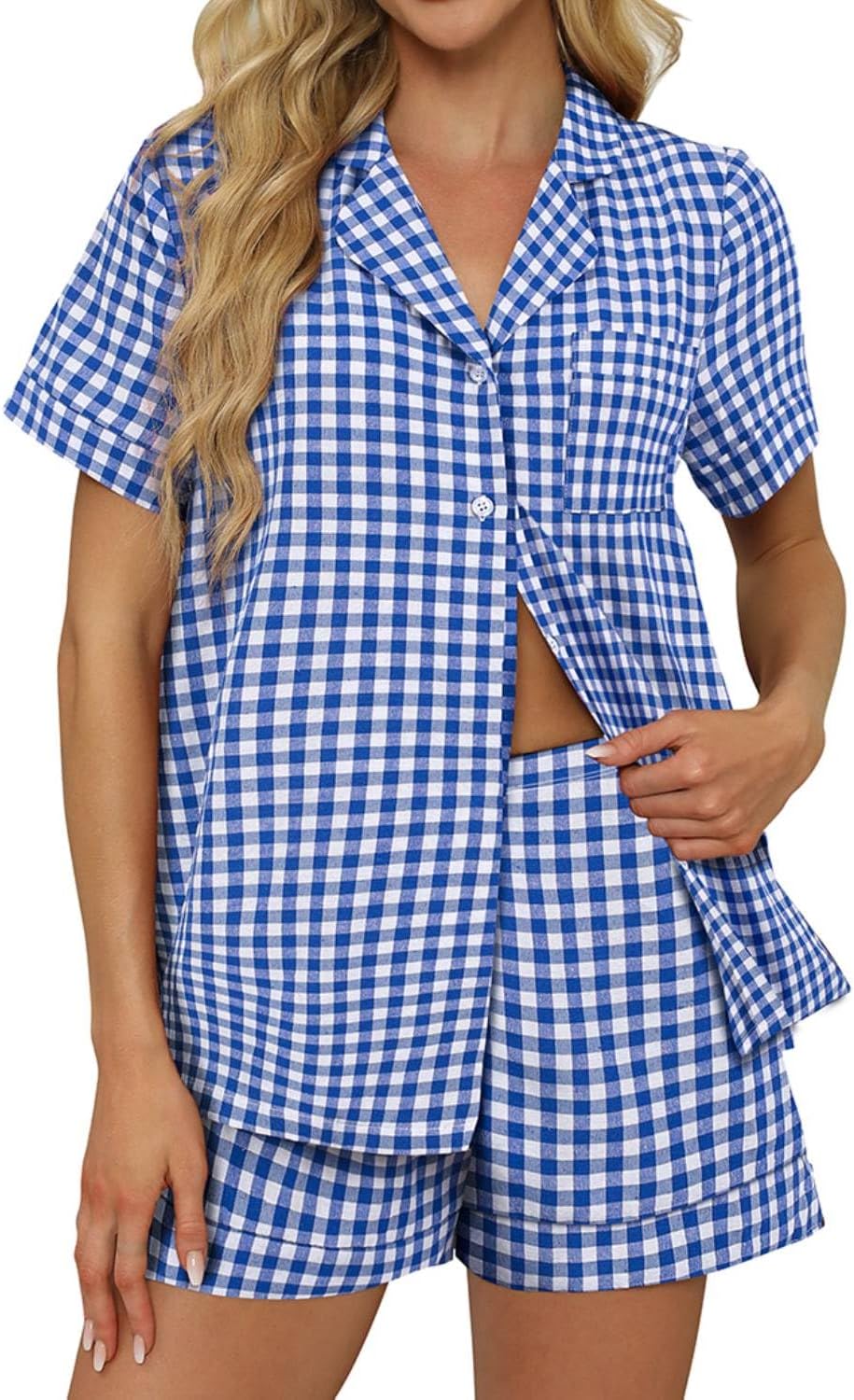 Aoulaydo Women's 2 Piece Pajama Sets Plaid PJ Set Short Sleeve Button Down Shirt and Christmas Lounge Sets