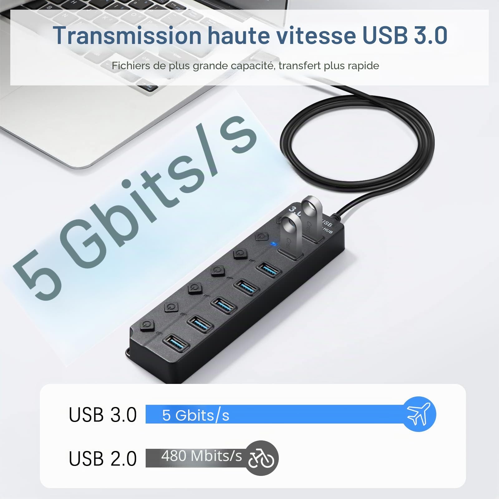 Hoppac Hub 7 en 1 Multiprise USB 3.0 2.0 Port Multiple PC Transfert Données Recharge Interrupteur LED 1M