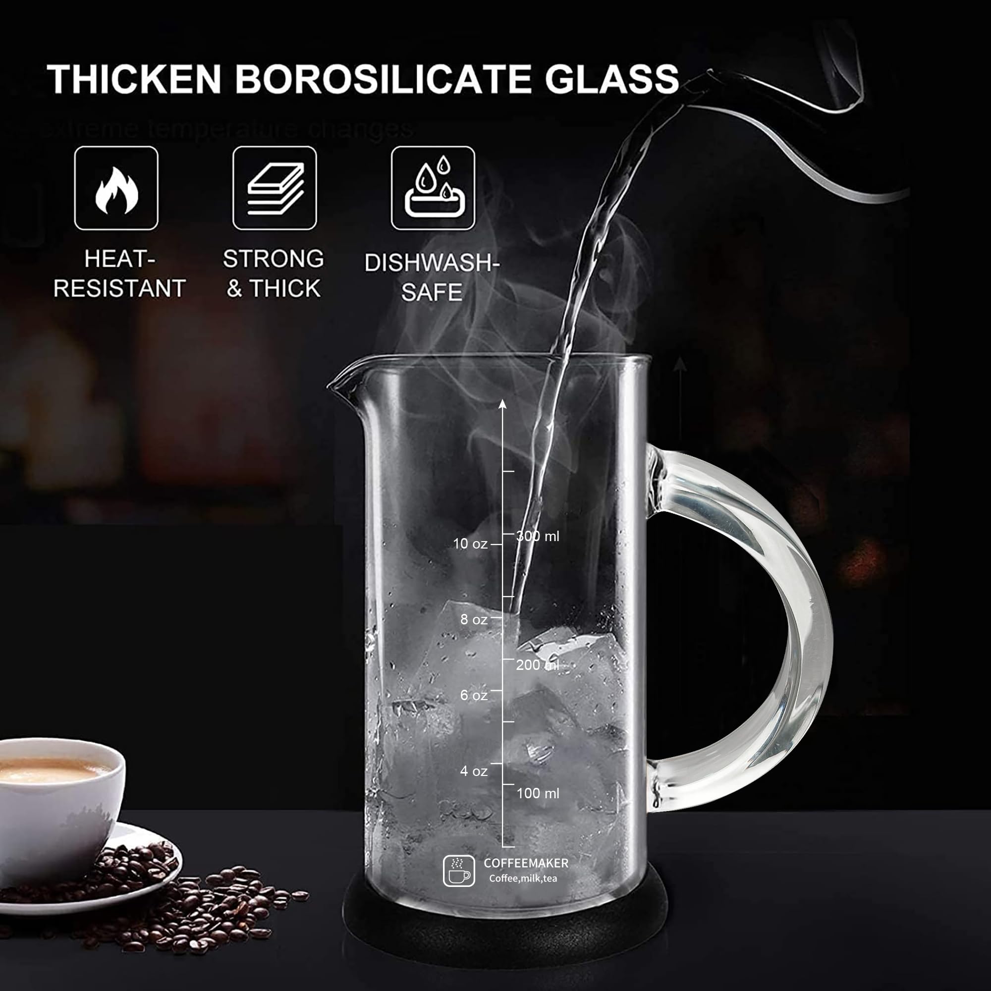 YMMIND Cafetera de prensa francesa de 12 onzas con sistema de 4 filtros, émbolo de acero inoxidable y vidrio de borosilicato resistente al calor, sin BPA, tetera preparada