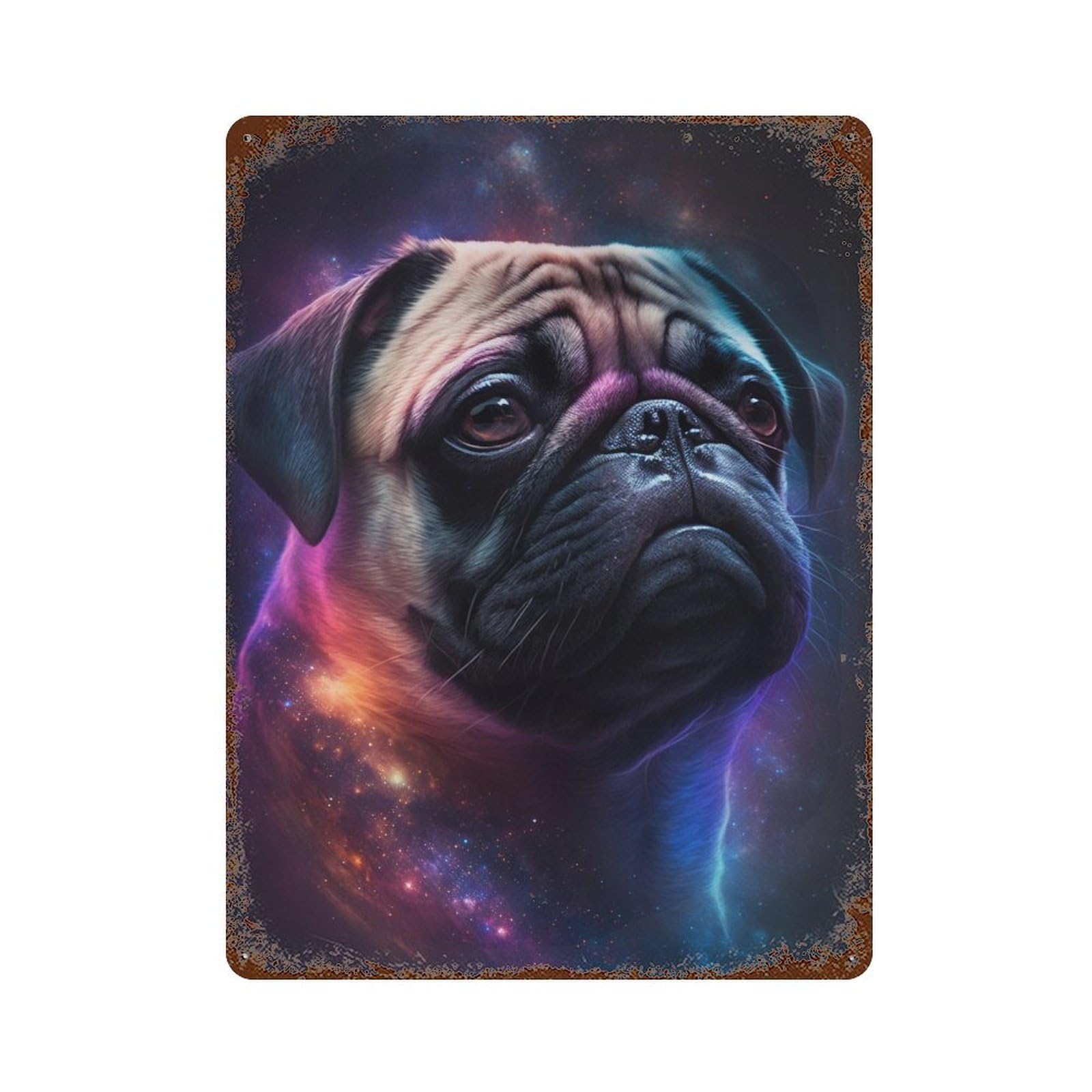 Garage Style Cosmic Pug Portrait-10 Rusty Metal Tin Sign 15.7"x11.8", Classic Wall Plaque for Bar And Workshop