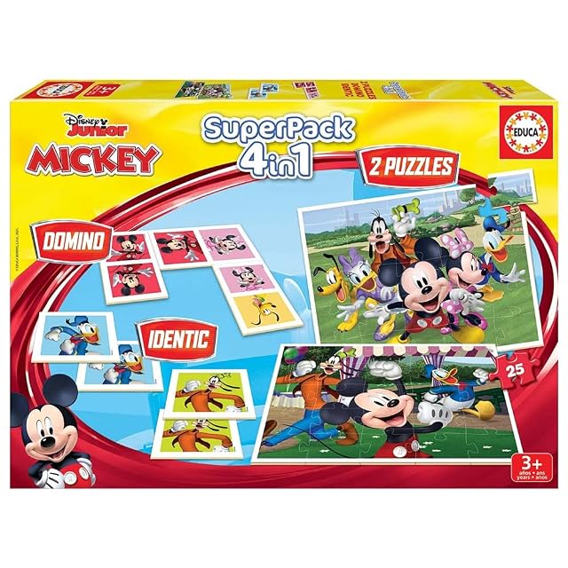 Educa - Superpack Mickey Mouse y Amigos 4 en 1 | Puzzles, Dominó, Memory Infantil | 2 Puzzles 25 Piezas, Dominó 21 fichas, Identic Memory | Juego Educativo niños 3 años (19099)