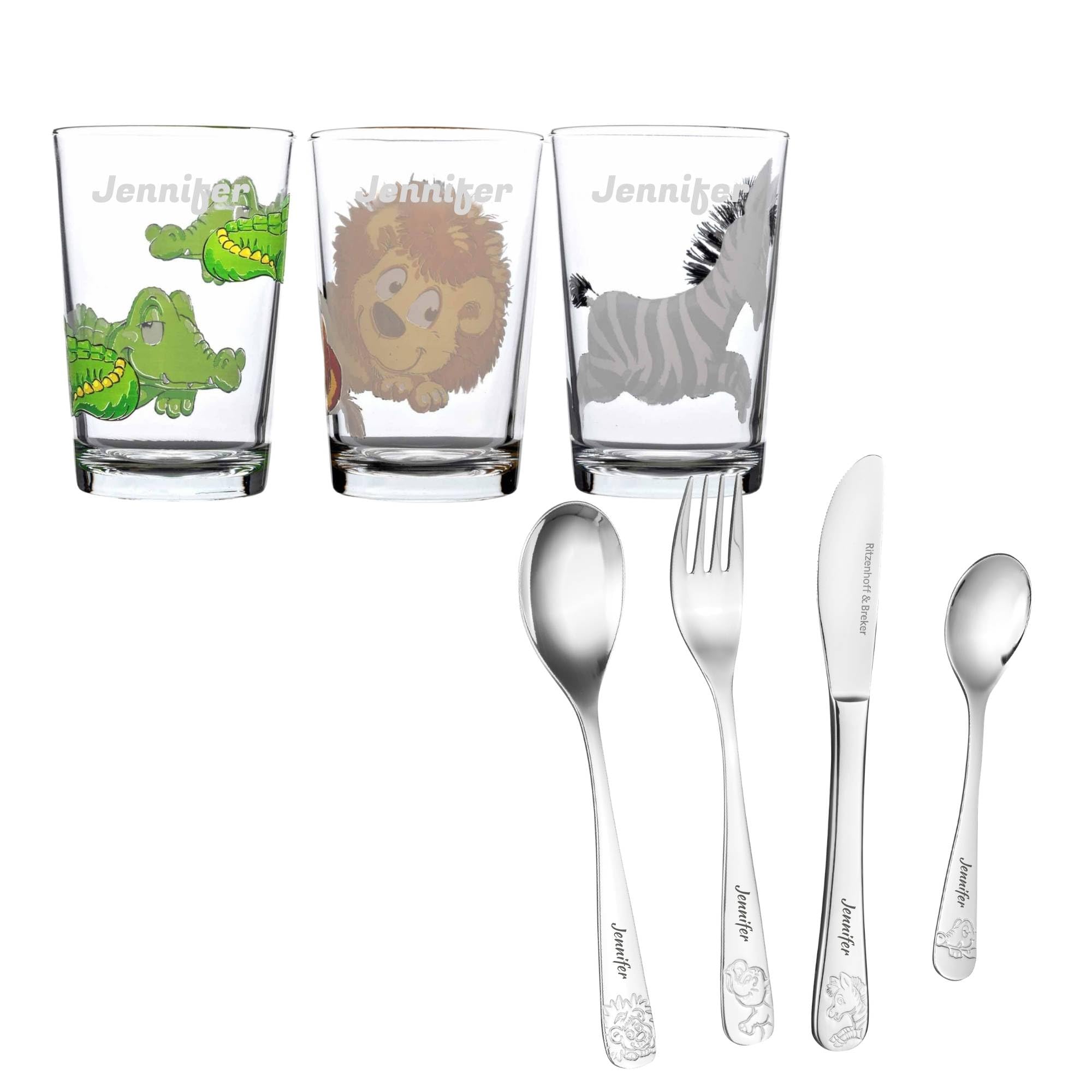 Ritzenhoff & Breker Kinderbesteck & Trinkglas-Set, Happy Zoo | Personalisiertes Set aus 3x Kinderbecher und Besteck mit Namen, Geschenk zur Taufe oder Geburtstag für Jungen & Mädchen