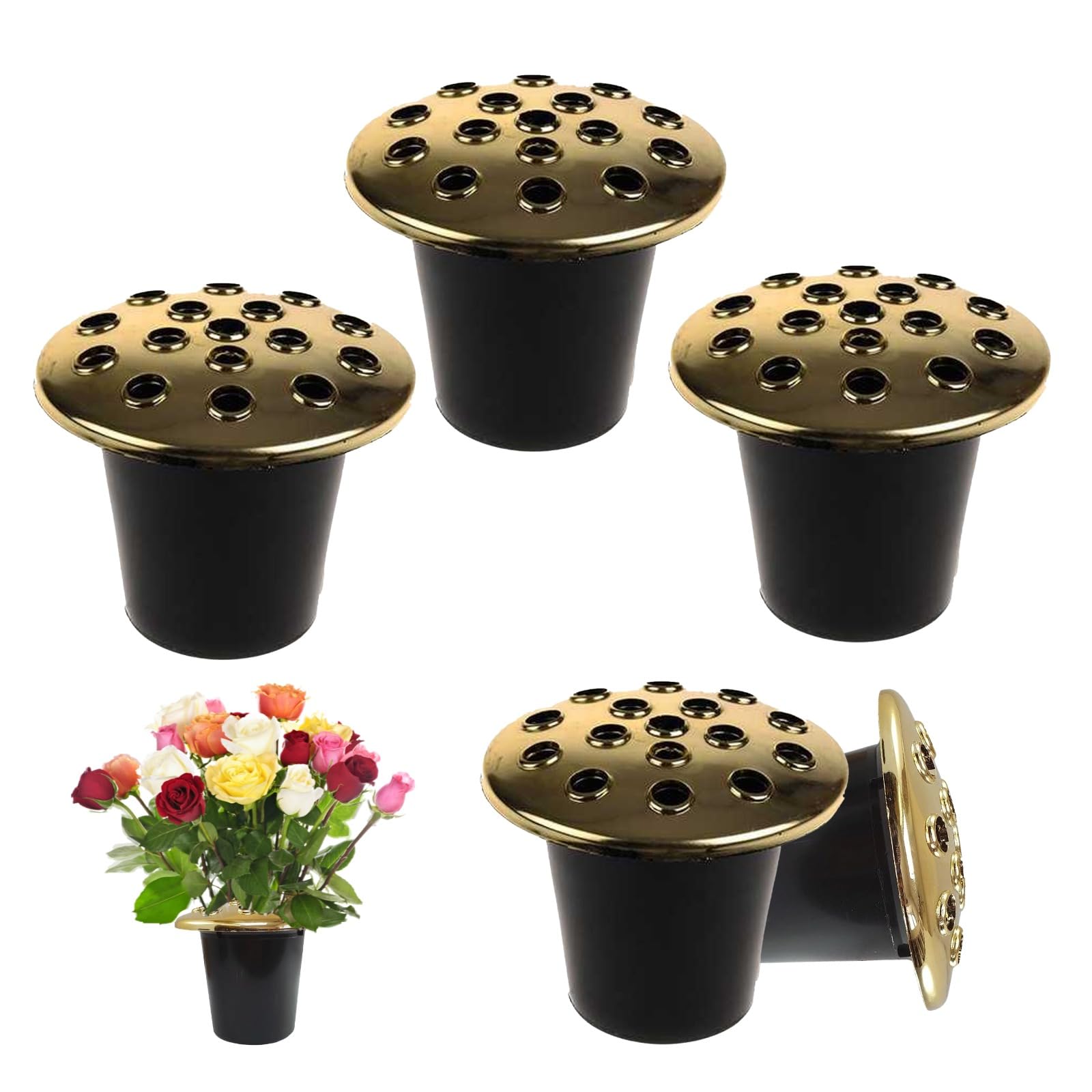 Caliko Black Grave Flower Holders Set Of 5X, Memorial Vases For Graves In With Gold Lid, Strong Plastic Grave Flower Pots Insert In Grave-Side, Grave Vase For Grave Decorations, Gold Pot 5X