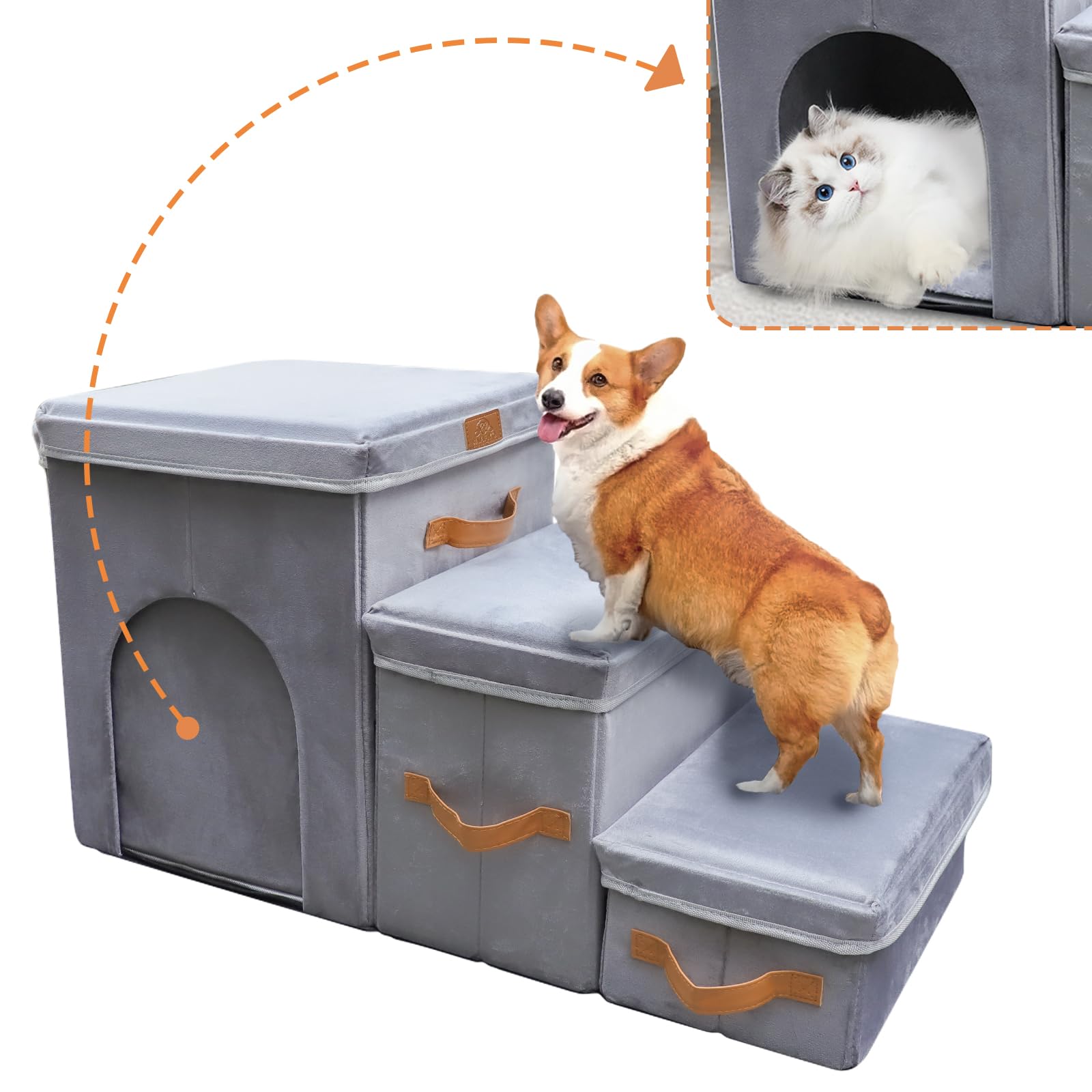 AMFIYQ 24" H Dog Stairs for High Beds Up to 32" H - Pet Steps for Small Medium or Large Dogs, Foldable Cat Stairs with Storage & Condo, 3-Step Pet