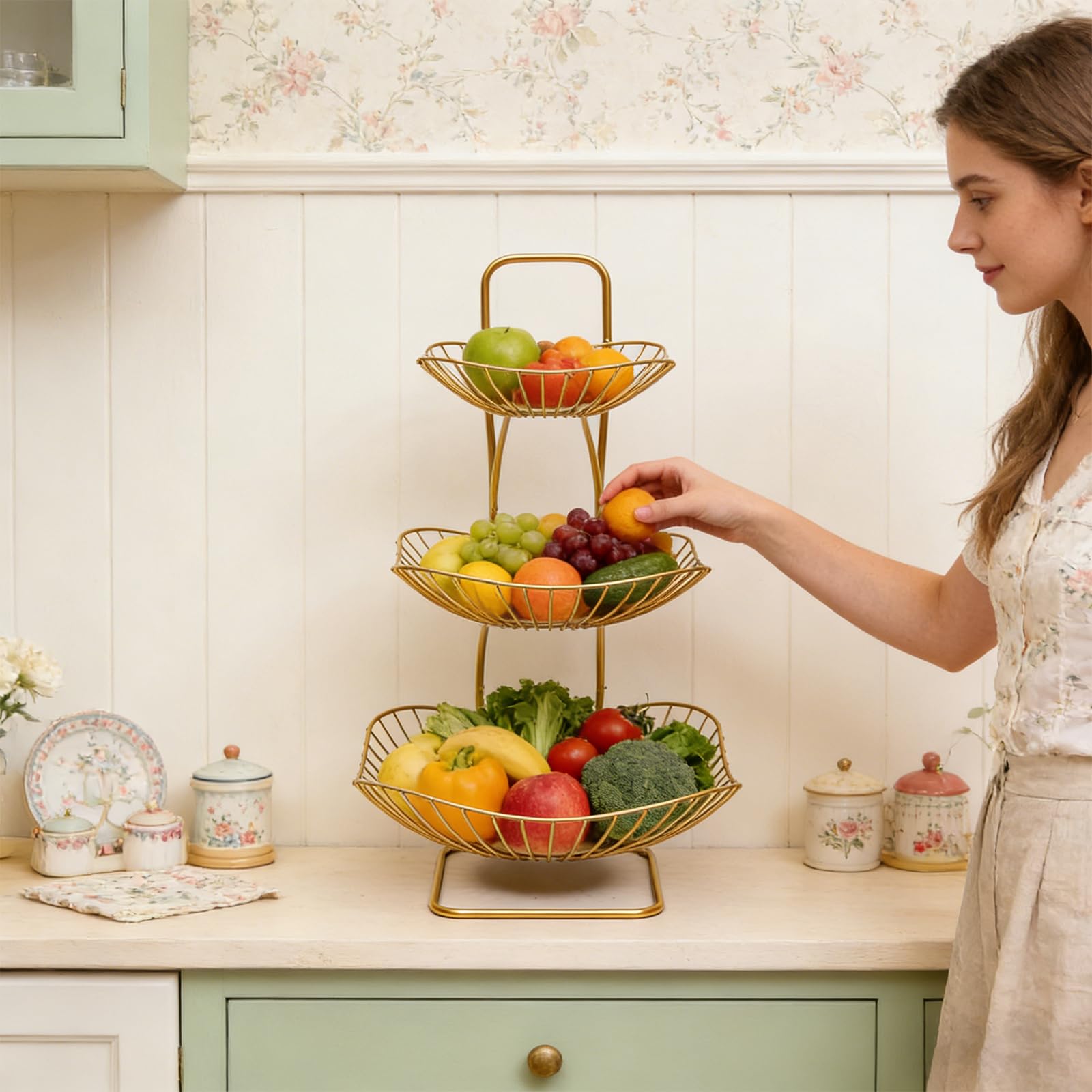 Présentoir à fruits à 3 étages en métal doré - Design moderne - Pour mariage, fête, maison, buffet, centre de table, sans montage