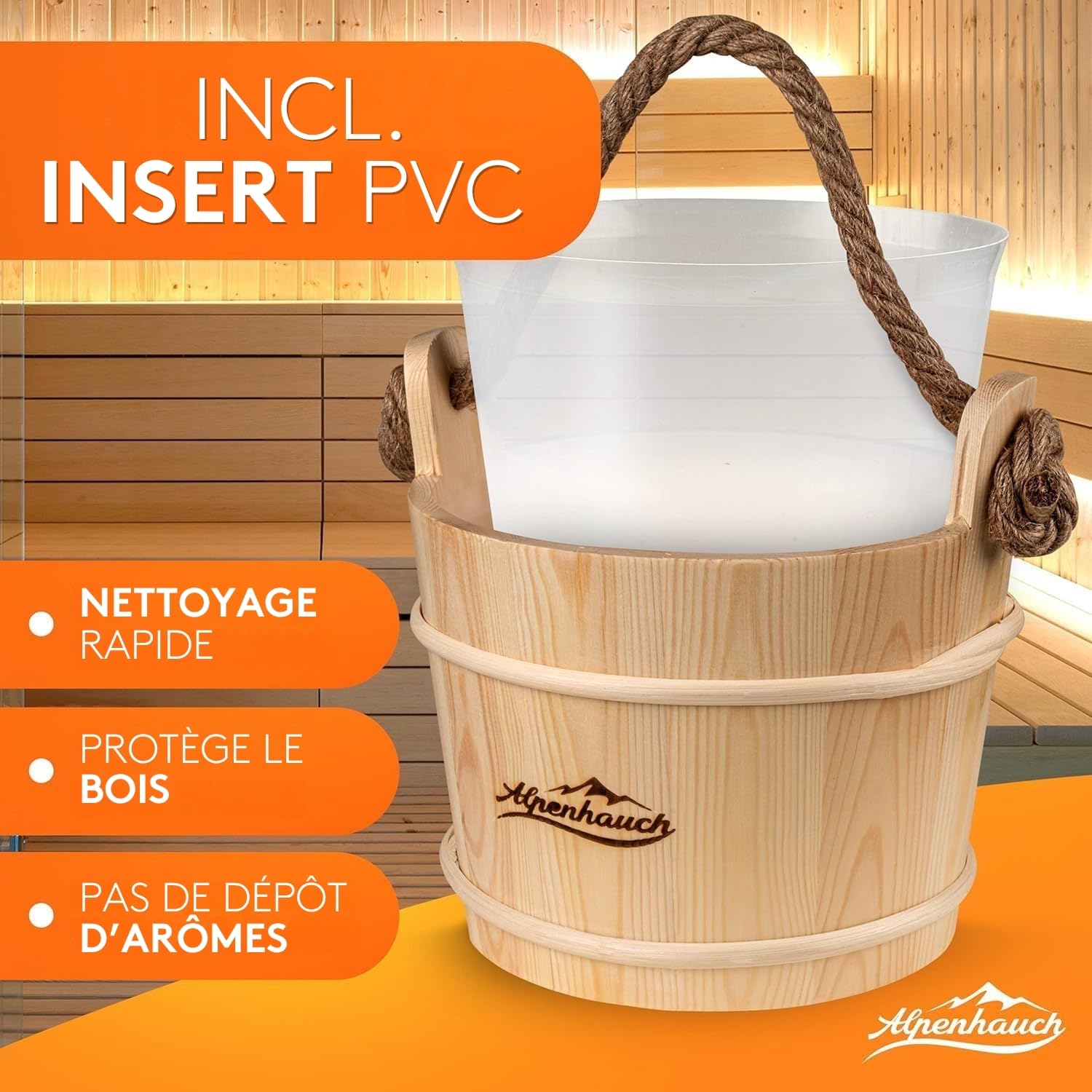 ALPENHAUCH Seau de sauna avec cuillère à pelle [100 % bois naturel] – Seau de sauna élégant avec sablier et thermomètre – Accessoires de sauna durables – Set de seaux à verser (seau de sauna avec