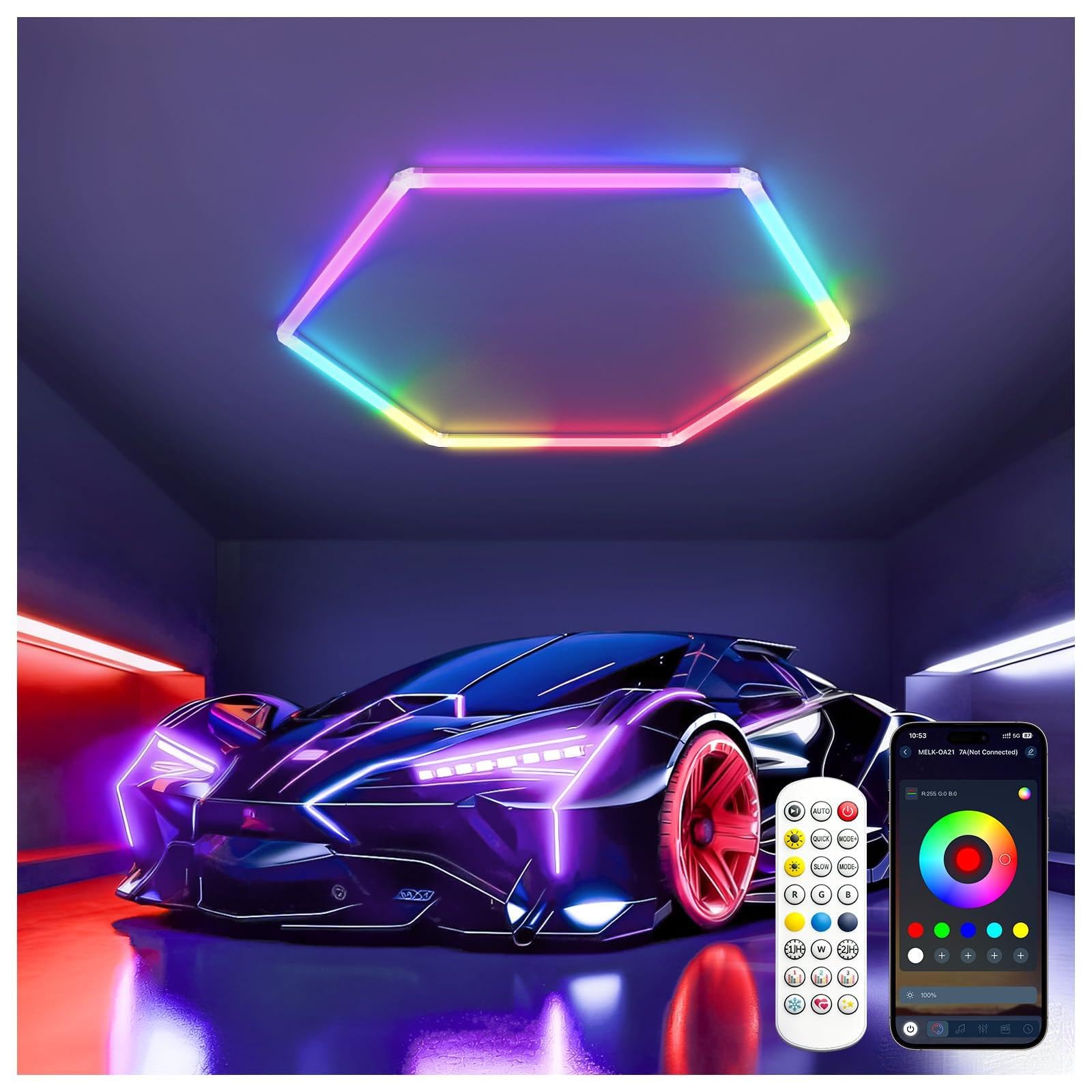 RGB Hexagon LED Light 1 Hex, 56W adjustable Music Sync LED Hexagon Lights for Gaming Room, Smart App & Remote Control DIY Honeycomb Ceiling Light for Garage Studio Gym Basement Bar Deco