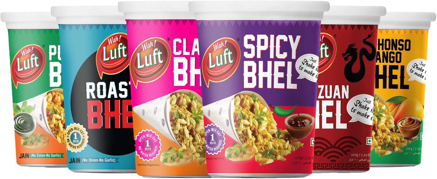 Wah Luft Ready to Eat Bhel Puri Cup, Instant, Namkeen, Chutney Inside, Chaat Special, 6 Different Flavours Combo Pack - 100g Each