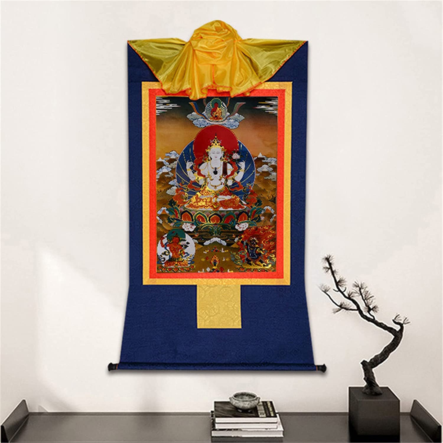 Tapisserie bouddhiste, tapisseries Thangka - Bouddhisme tibétain tantrique Thangka Avalokitesvara à quatre bras, Padmapani, tapisserie bouddhiste en brocart d'estampage à chaud for la méditation de dé