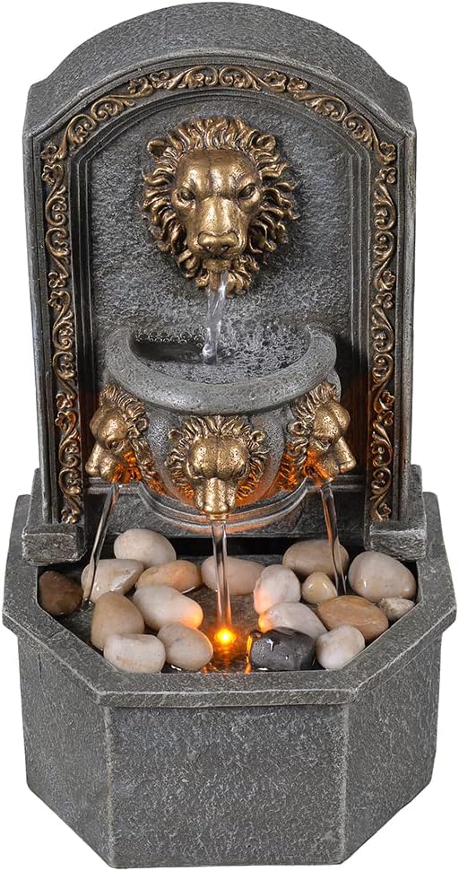 GOSSI 10.3 Inches Tall Tabletop Fountain Classic Lion Head Polyresin Indoor Zen Waterfall Fountain w/Cobblestone Soothing Sounds for Office and Home Decor