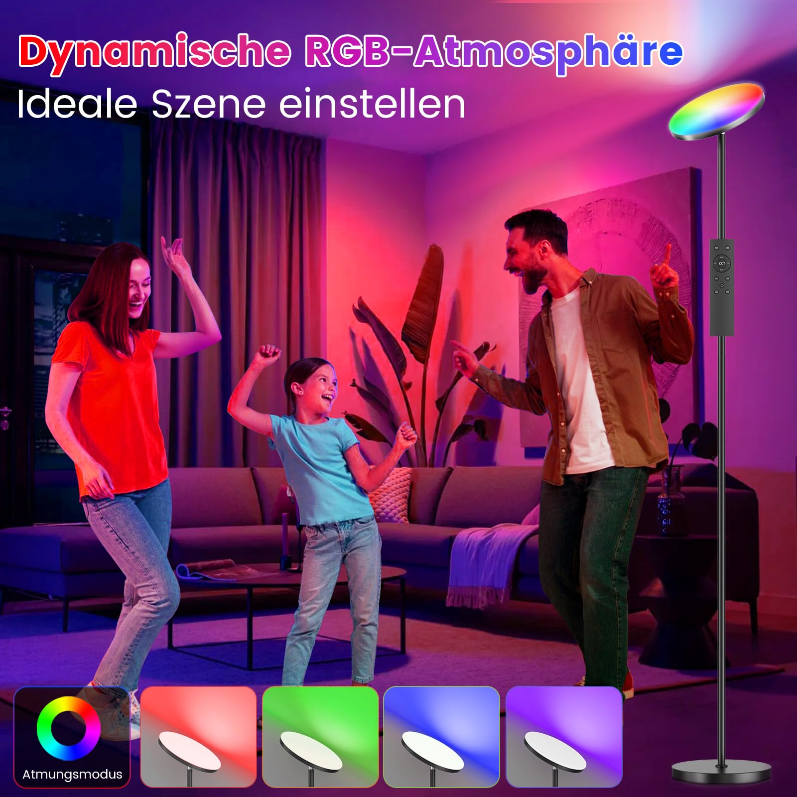 LED Stehlampe Wohnzimmer RGB Dimmbar, 36W Superhelle Farbwechsel Floor Lamp, Moderne Deckenfluter mit Fernbedienung und Touch-Steuerung, 2700K-6500K RGB Dimmbar für Wohnzimmer