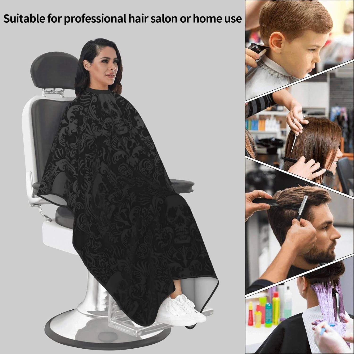 NHJMH Gothic Black Skull Barber Salon Shawl Cloak Hair Stylist Hairdresser Styling Cape Unisex Haircut Apron Cloth 55x66in