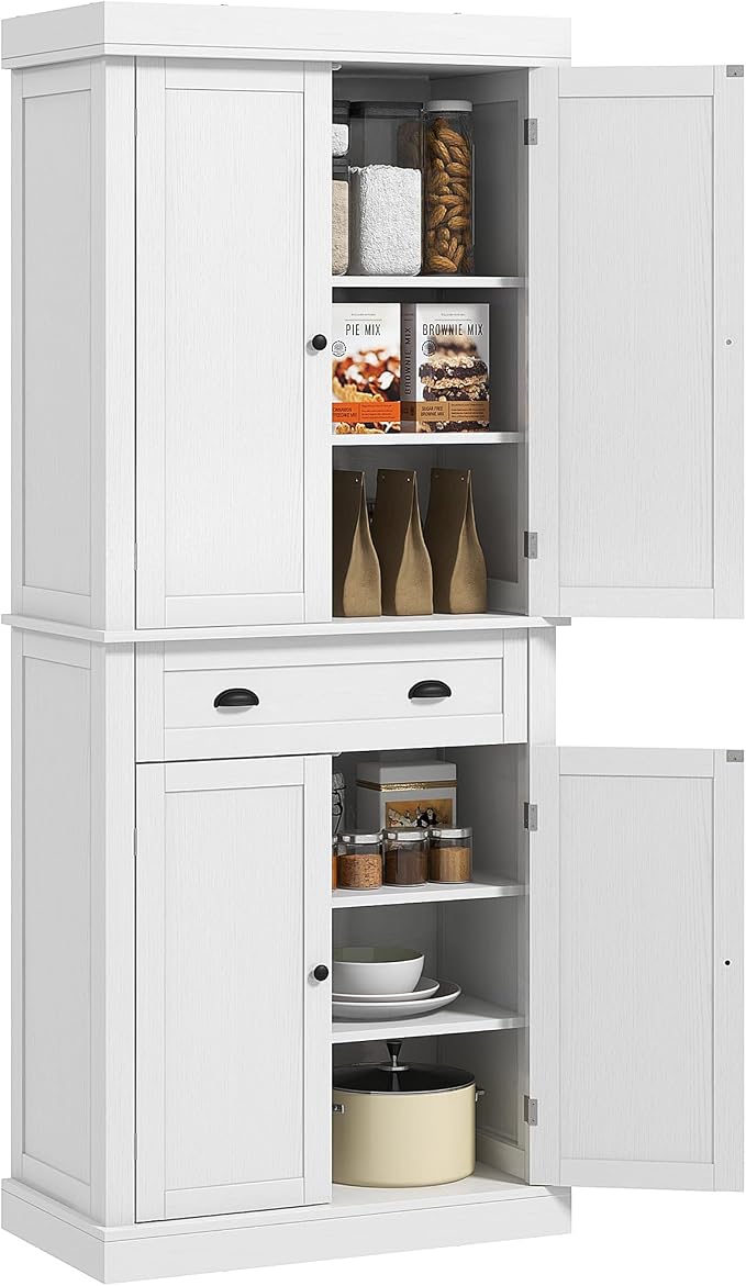 HOMCOM 72.5" Kitchen Pantry Cabinet, Traditional Freestanding Storage Cabinet with 4 Doors, Drawer and 3 Adjustable Shelves for Dining Room, Black
