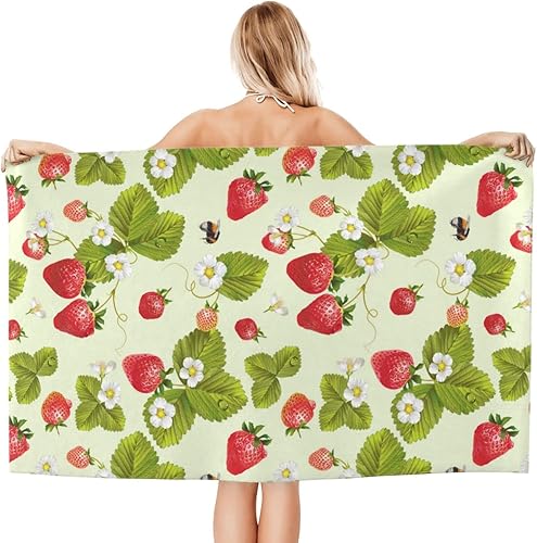 Hermosa toalla de playa de microfibra de fresa de gran tamaño para viajes, 32 x 52 pulgadas, toalla de playa portátil de secado rápido para