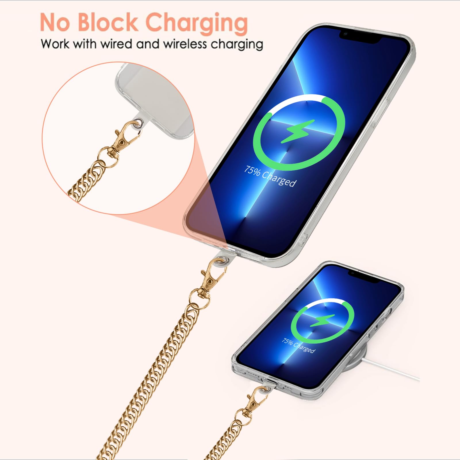 Cordon Téléphone Portable Universel Avec 2 Patches - Collier Ou Bracelet - Compatible Smartphones - Or