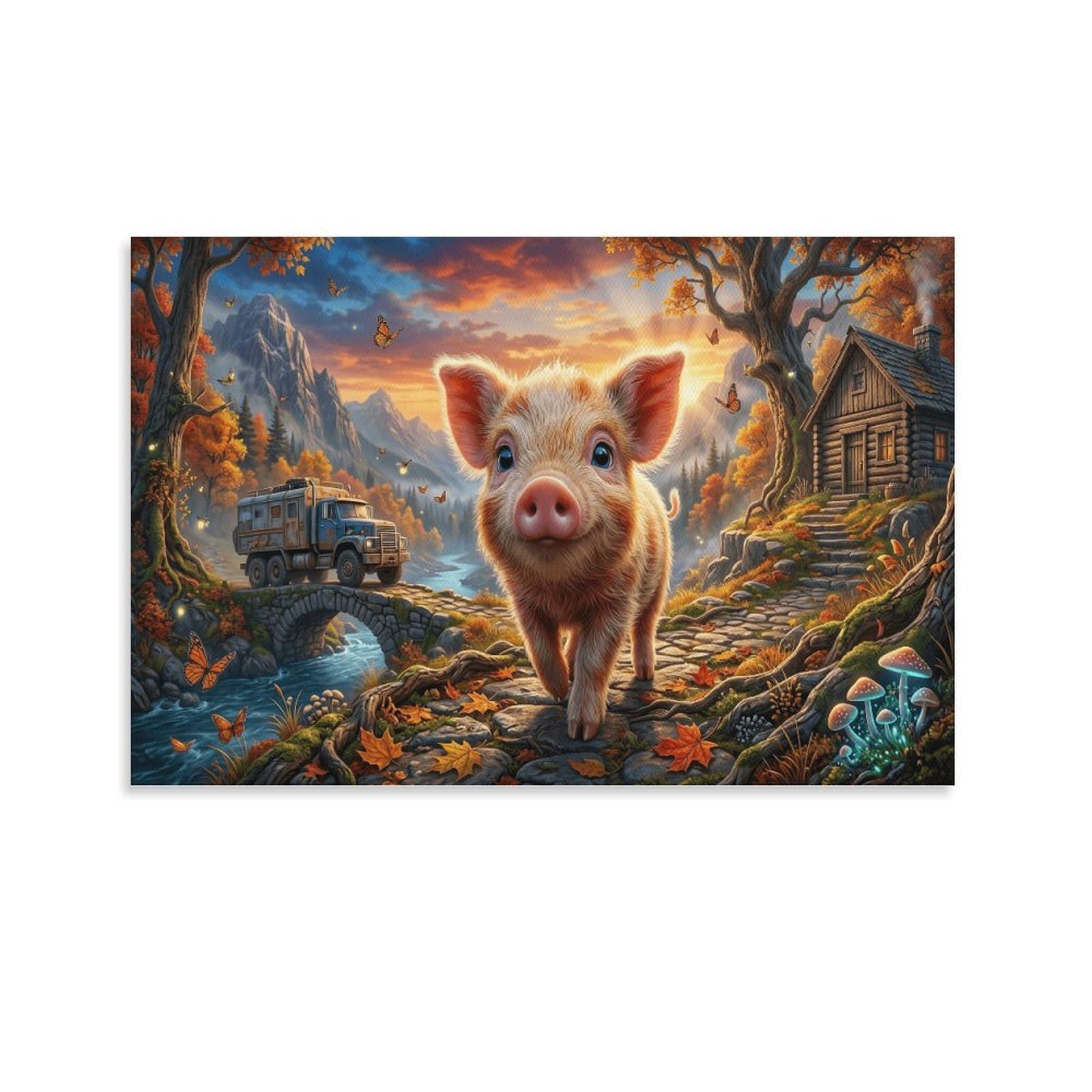 XPASHIQWC Cute Piglet Poster Artwork Autumn Forest Canvas Prints Picture Modern Wall Art Picture Wall Hanging for Bathroom Wall Decor 24x36inch(60x90cm)