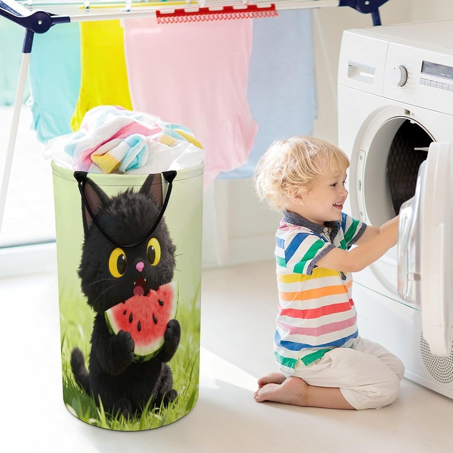 Cute Black Cat Eating Watermelon Laundry Hamper Portable Lightweight Clothes Hampers Fashion Dirty Laundry Storage Basket Large Capacity Foldable Clothes Baskets for Bathroom Bedroom