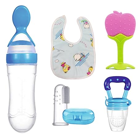 Roforuf Fruit Feeder 1pc, Silicone Baby Food Dispensing Spoon 90ML 1pc, Fruit Shape Teether 1pc, Finger Tooth Brush 1pc and Baby bib 1pc (Combo of 5 (3))