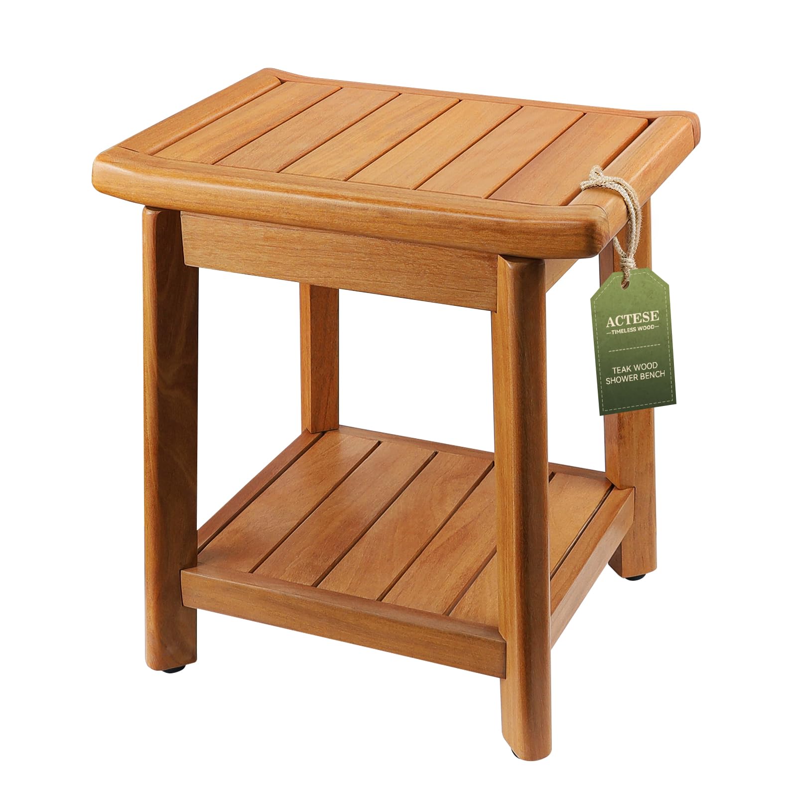Photo 1 of 14" Teak Shower Stool with Storage Shelf, Non-Slip Waterproof Wooden Shower Chair, Compact Bathroom Bench and Shower Seat for Tub or Indoor Use, Ideal for Elderly, Recovery and Everyday Use