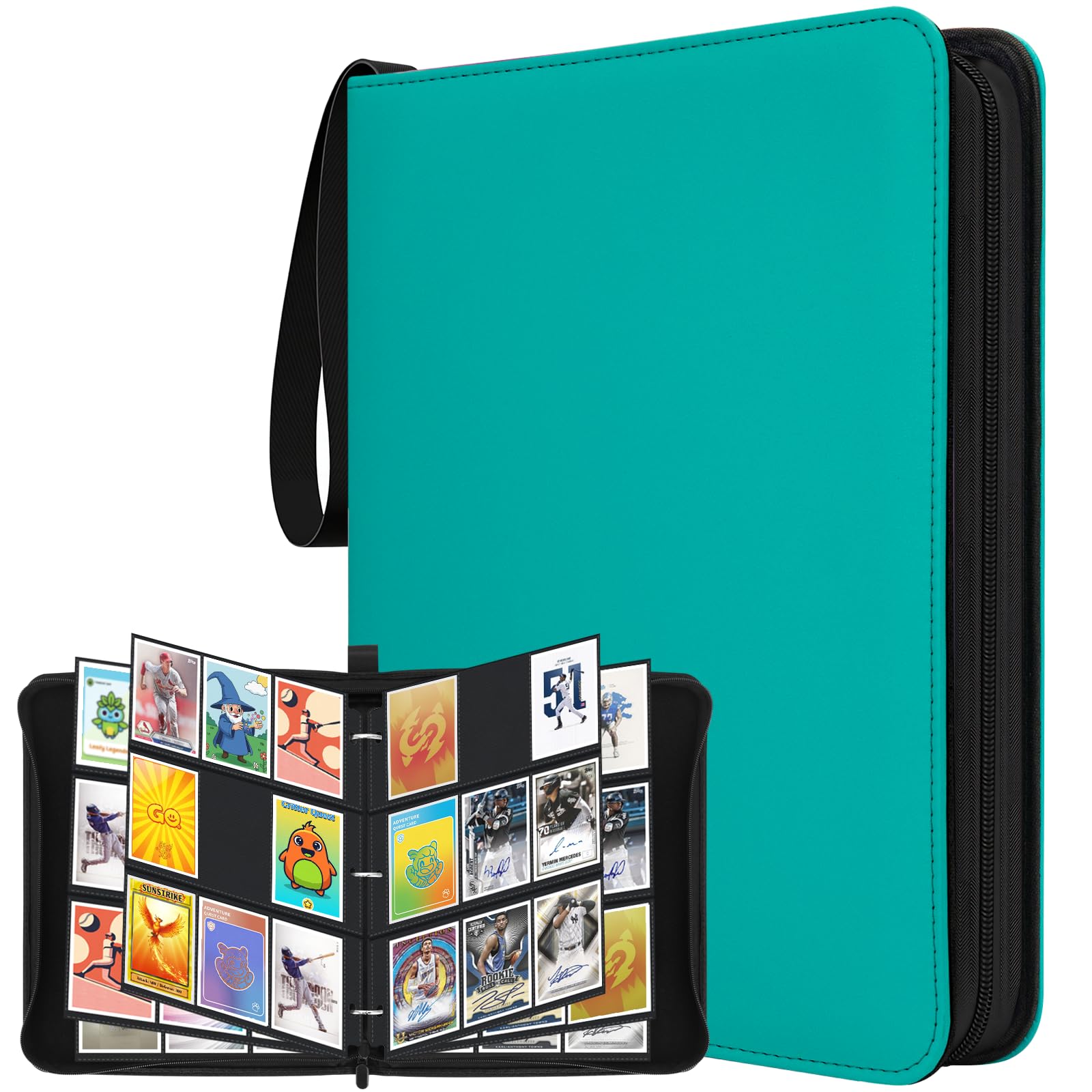 WISYOK Cyan Card Binder, 9 Pocket 900 Pockets Trading Card Binder, PU Cards Collection Folder Holder Book with Zipper, Toploader Binders for Football-Card, TCG, MTG — image 1