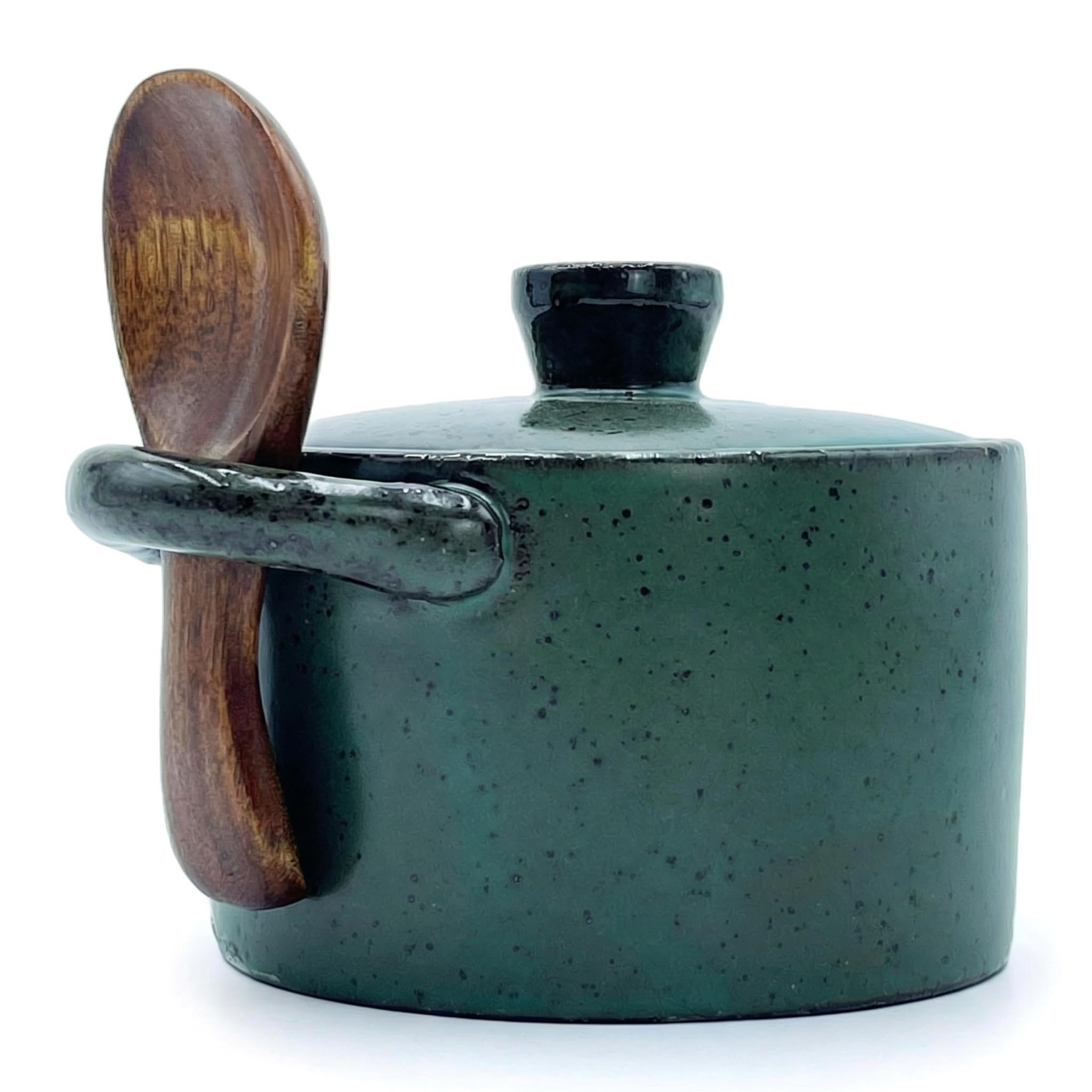 Ceramic Sugar & Salt Jars with Lids and Spoons | 8oz Countertop Seasoning Jars | Sugar Bowl & Salt Cellar Storage Jars | Sugar Bowl with Lid Set Includes Wooden Spoon | Kitchen Coffee Bar(Deep Blue)
