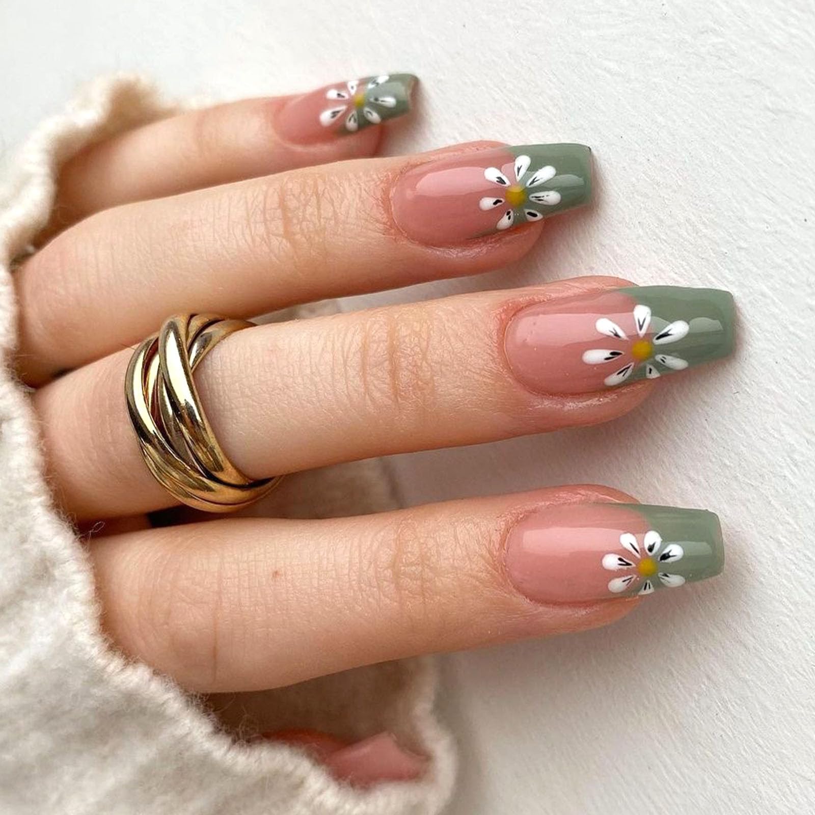 Coffin Press on Nails Medium Green French Tip False Nails with White Flower Design Coffin Nails Press ons Light Pink Full Cover Glue on Nails Glossy