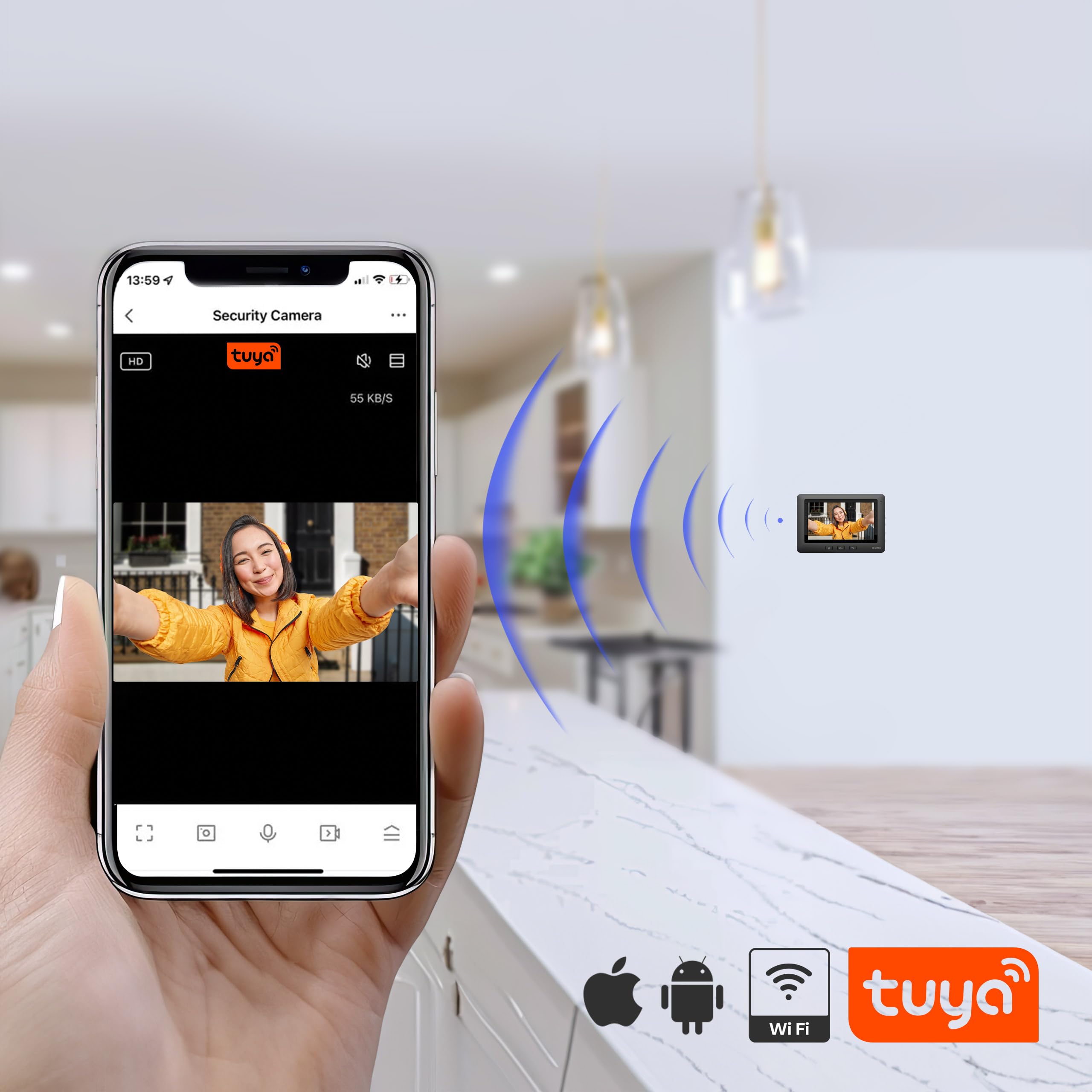 Eura VDP-45A3-TY Alpha+ Tuya videoportero WiFi, 4 Hilos, Monitor en Color de 7 Pulgadas, Negro