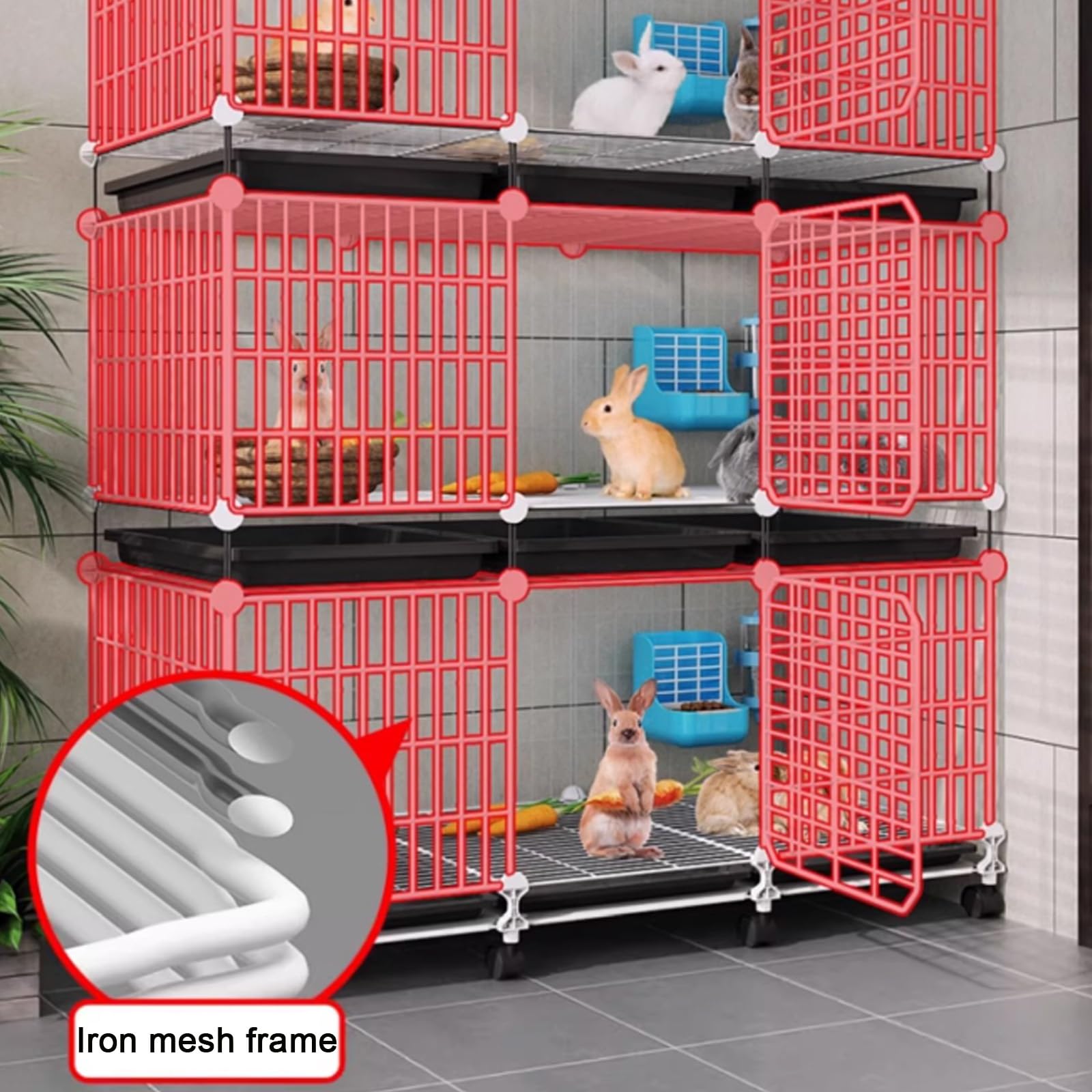 Jaula Conejo Grande Interior con Ruedas, Espacio Independiente de Varios Niveles, Estructura Metálica, con Bandeja, para Animalitos(Black,107 * 37 * 90cm)
