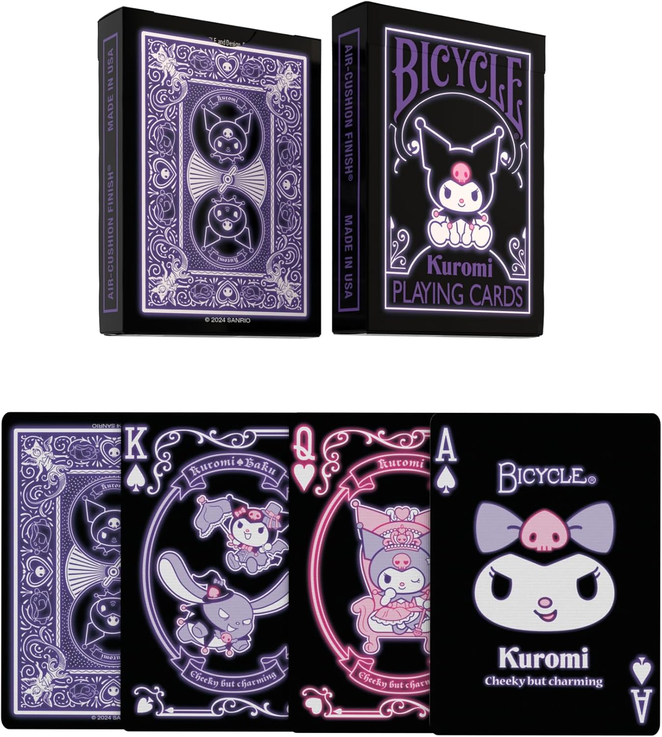 Bicycle Kuromi Sanrio Playing Cards Black Pink Purple 1 Deck Kawaii | Kuromi and Baku on court cards, Neon pink and purple on black backgrounds, Cheeky design with skulls, Made in USA