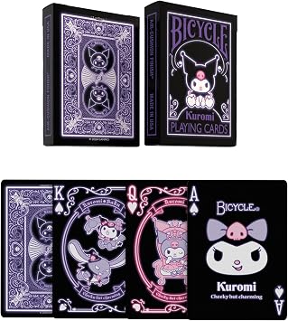 Bicycle Kuromi Sanrio Playing Cards Black Pink Purple 1 Deck Kawaii | Kuromi and Baku on court cards, Neon pink and purple on black backgrounds, Cheeky design with skulls, Made in USA
