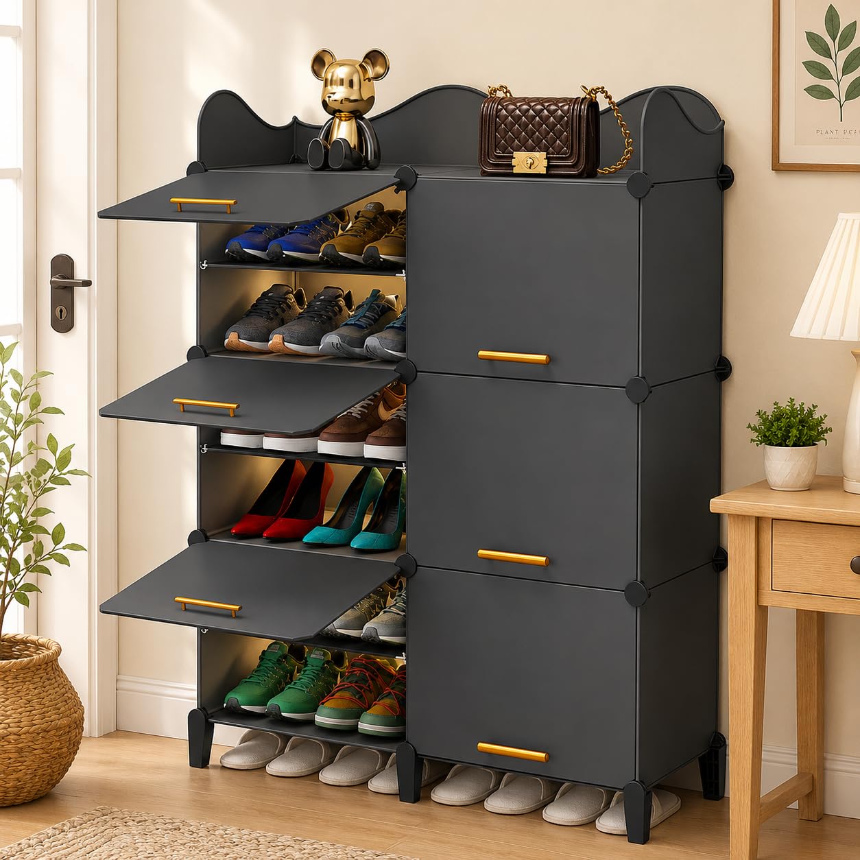 Sunderlook Shoe Rack Plastic for Home- Shoe Stand, Chappal Stand, Professional Multipurpose Foldable Standing Comfort Runner Shoe Rack with Door, Slipper Stand (Charcoal Grey, 12 Shelf 6 Door)-image-38
