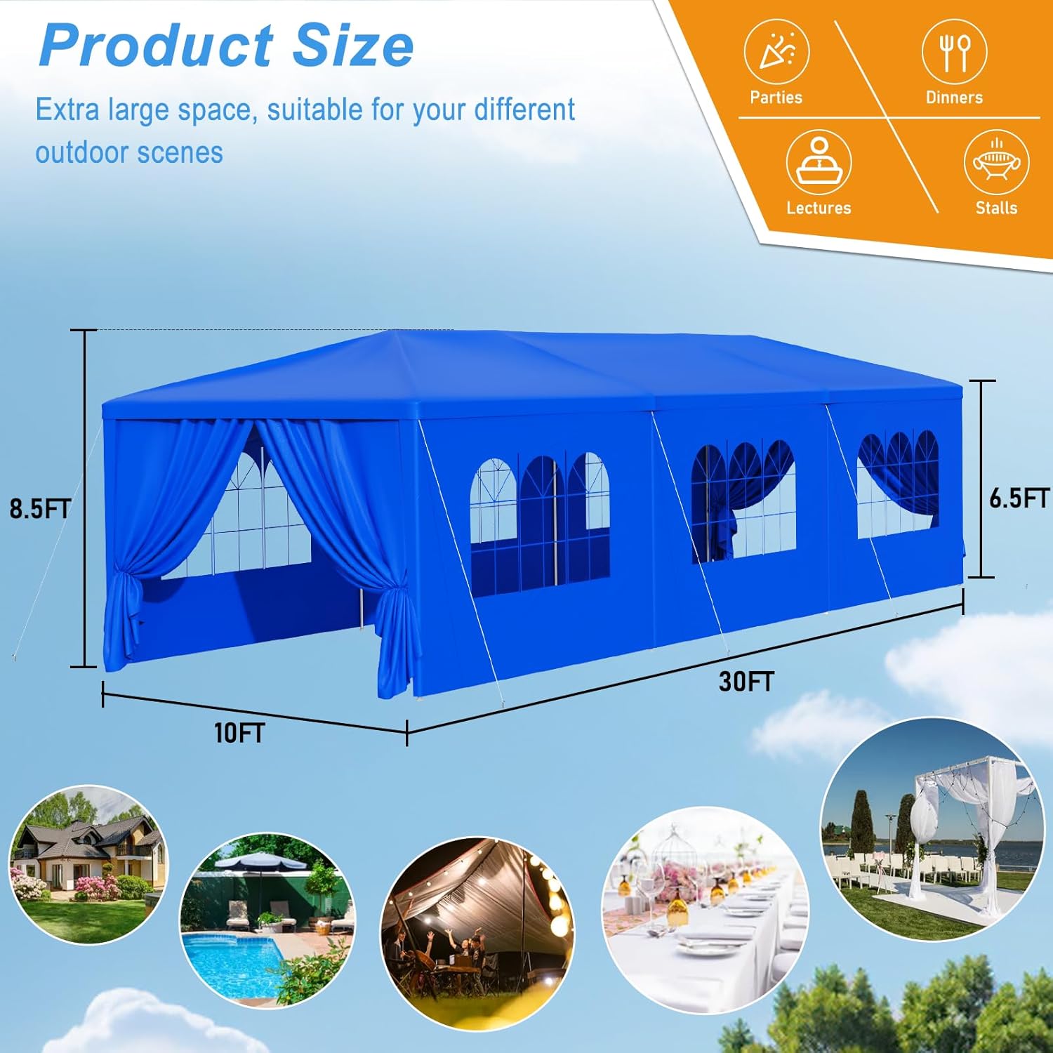 10x30 Blue Party Tent Outdoor Canopy Waterproof Heavy Duty Wedding Event Tents for Parties with 8 Removable Sidewalls Perfect for Holiday Birthday Gatherings BBQ Backyard Patio