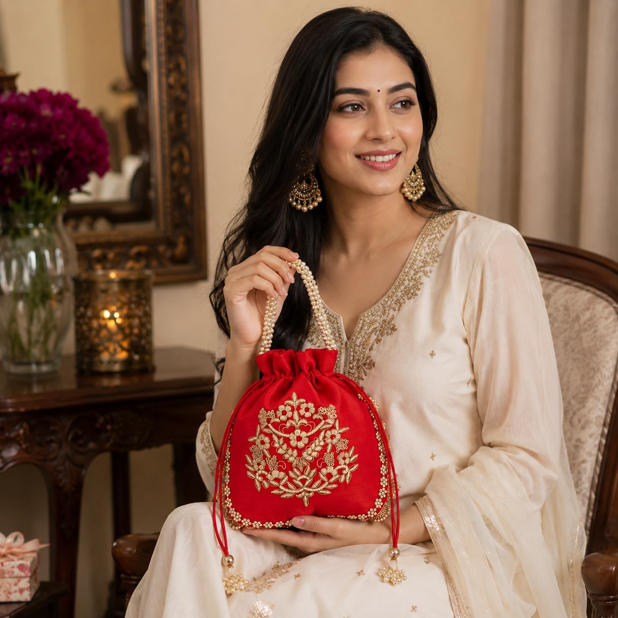Amayra Luxe Satin Double Buta Handcrafted Potli Bag for Women β Traditional Drawstring Ethnic Purse for Wedding & Festive Occasions (Red)