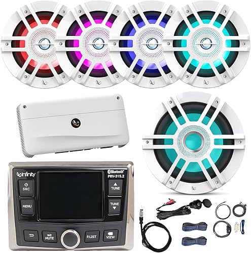 Infinity AM/FM/WB Tuner AUX USB Bluetooth Marine Digital Media Receiver, 4 altavoces de barco de 225 W de 2 vías de 6.5 pulgadas (blanco), subwoofer